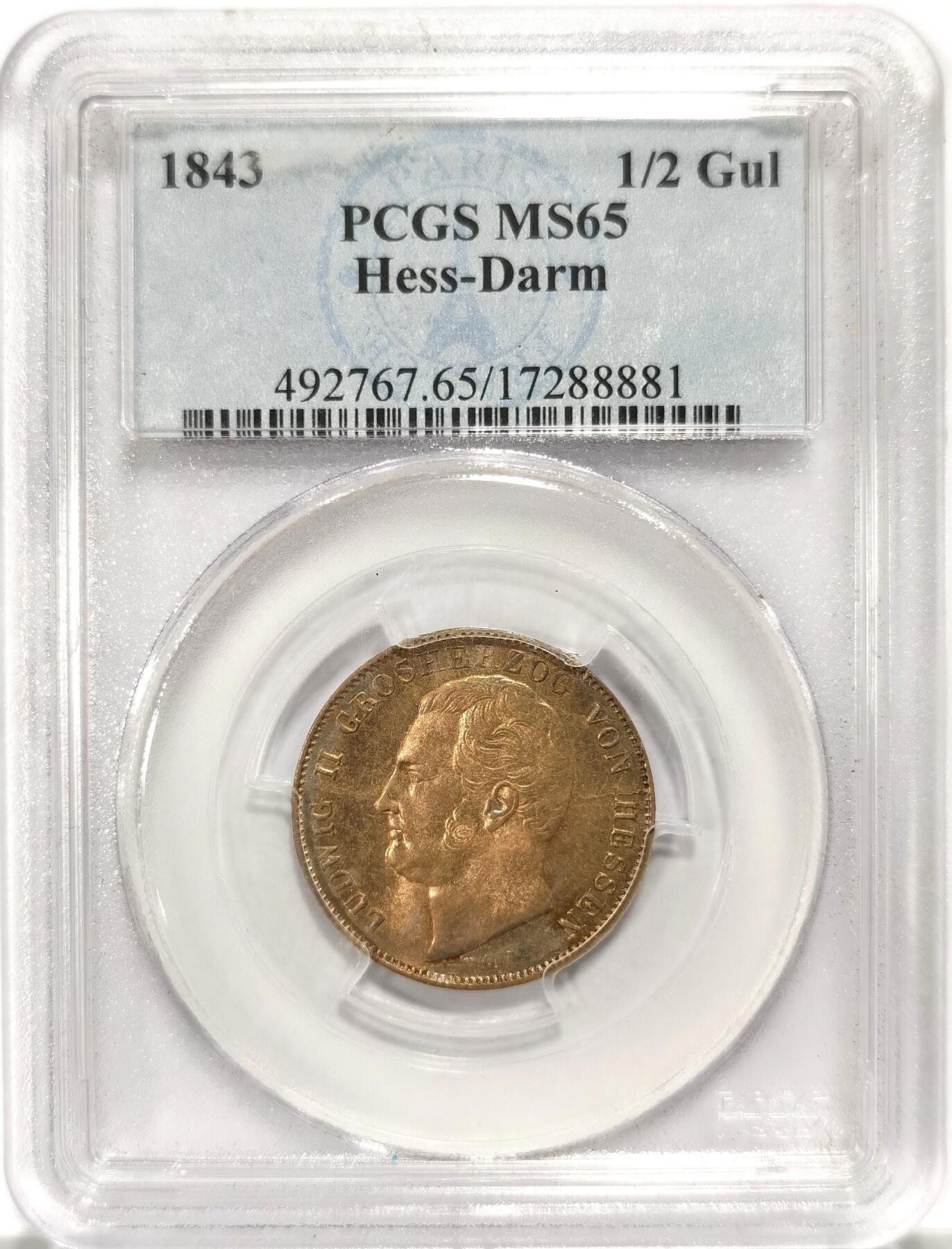 【麦稀奇世界钱币展】博洋堂“流萤染夏”六月精品专场暨第081期（全场包邮） PCGS MS65 德国达姆斯坦特1843年1/2流通盾 金色包浆，经典老P盒，巴黎评级标签 P榜冠军分