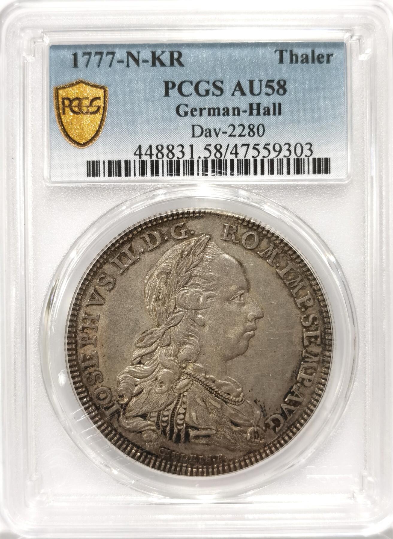 【麦稀奇世界钱币展】博洋堂“流萤染夏”六月精品专场暨第081期（全场包邮） PCGS AU58 神罗德国霍尔1777-N-KR约瑟夫二世泰勒 名誉品 发行量仅406枚，单一年份， P榜亚军分