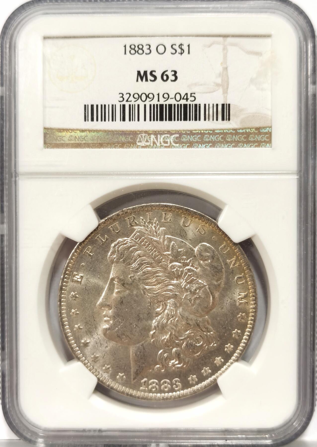 【麦稀奇世界钱币展】博洋堂“流萤染夏”六月精品专场暨第081期（全场包邮） 1883年美国摩根银币O版NGC-MS63，原汁原味老包浆，包浆醇厚，币面清爽干净又漂亮，打制精美，状态极佳
