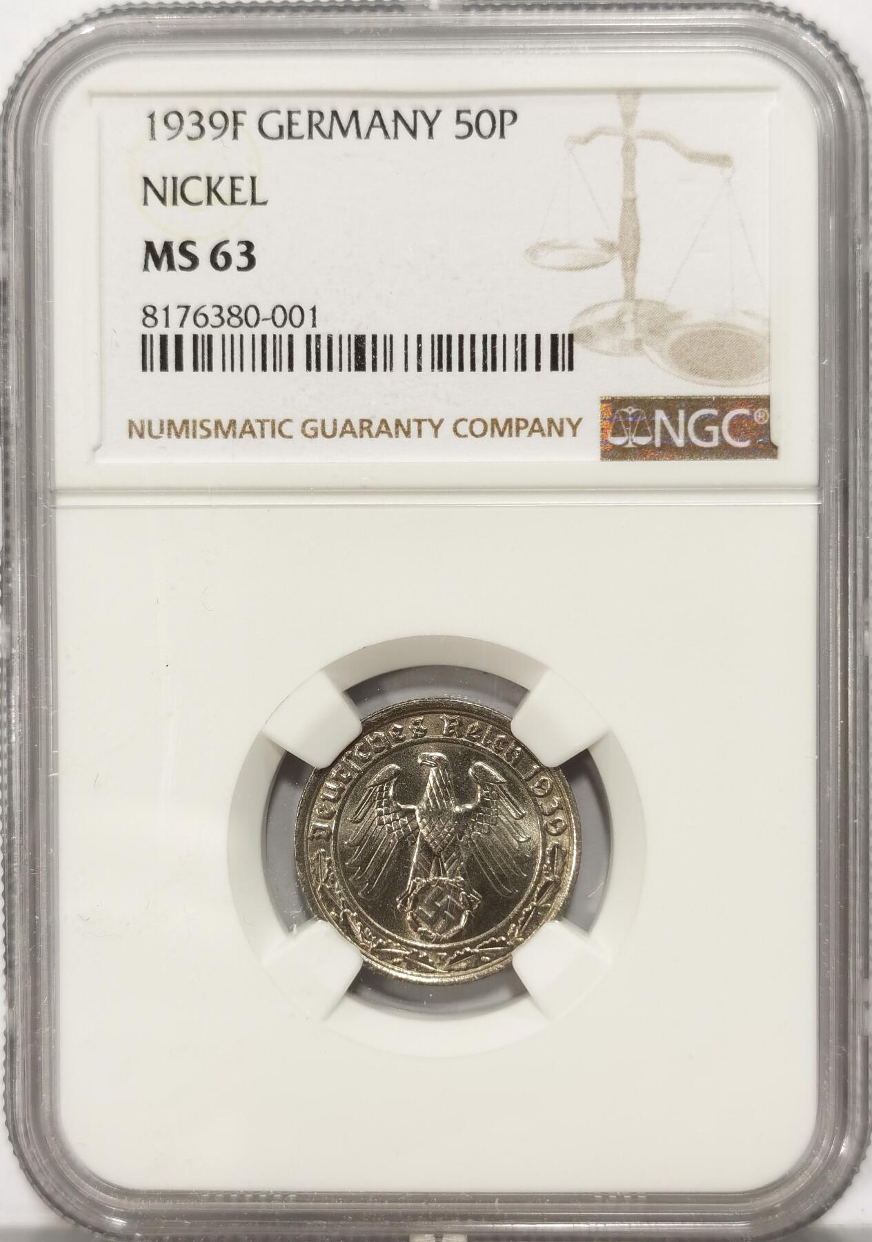 【麦稀奇世界钱币展】博洋堂“流萤染夏”六月精品专场暨第081期（全场包邮） NGC MS63 1939F德国50芬尼坦克币，非常难遇的BU筋币