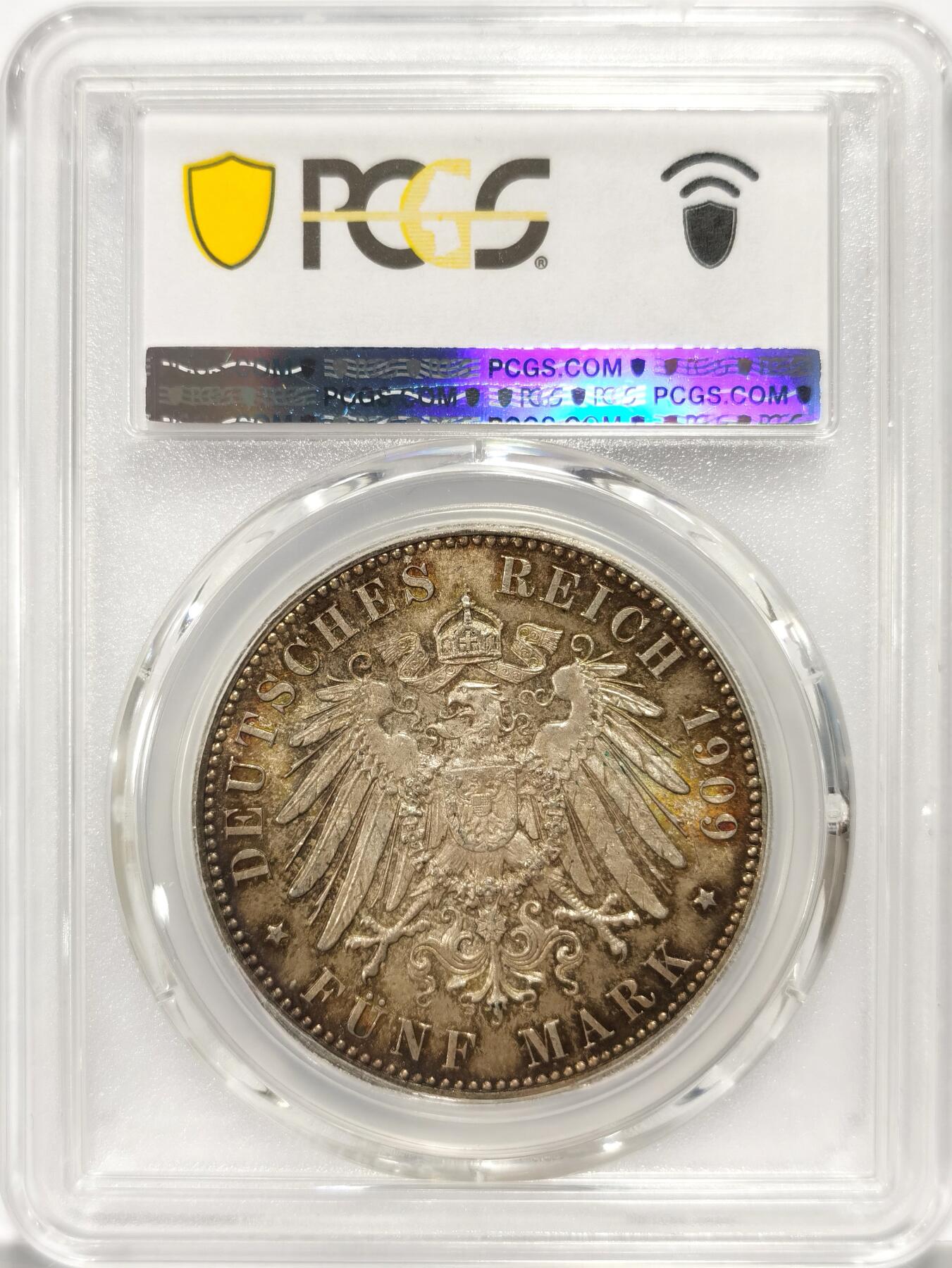 【麦稀奇世界钱币展】博洋堂“流萤染夏”六月精品专场暨第081期（全场包邮） PCGS MS65 德国萨克森1909年莱比锡大学5马克银币 超级炫彩