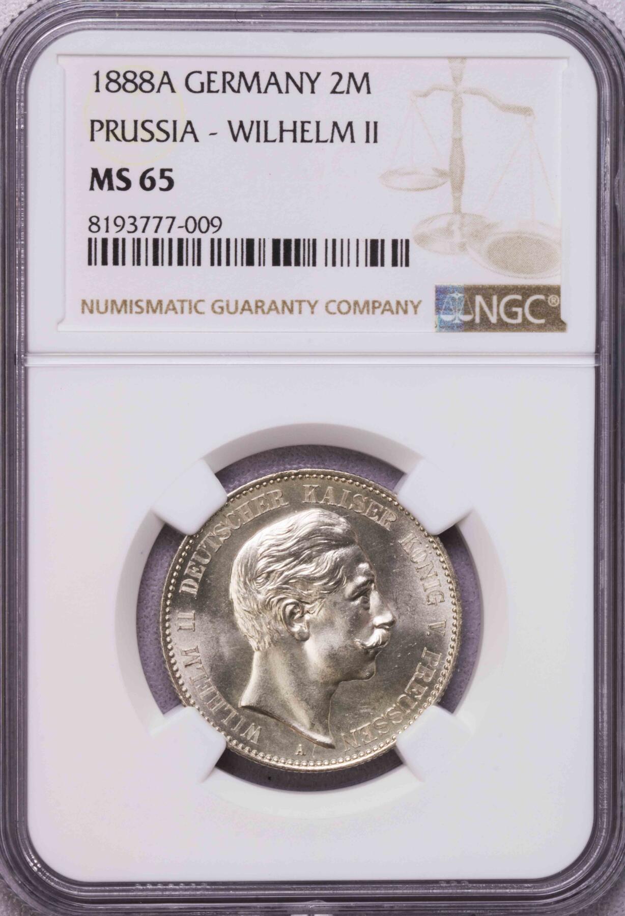 NGC-MS65 1888普鲁士三皇之年威廉二世2马克银币 顶级品