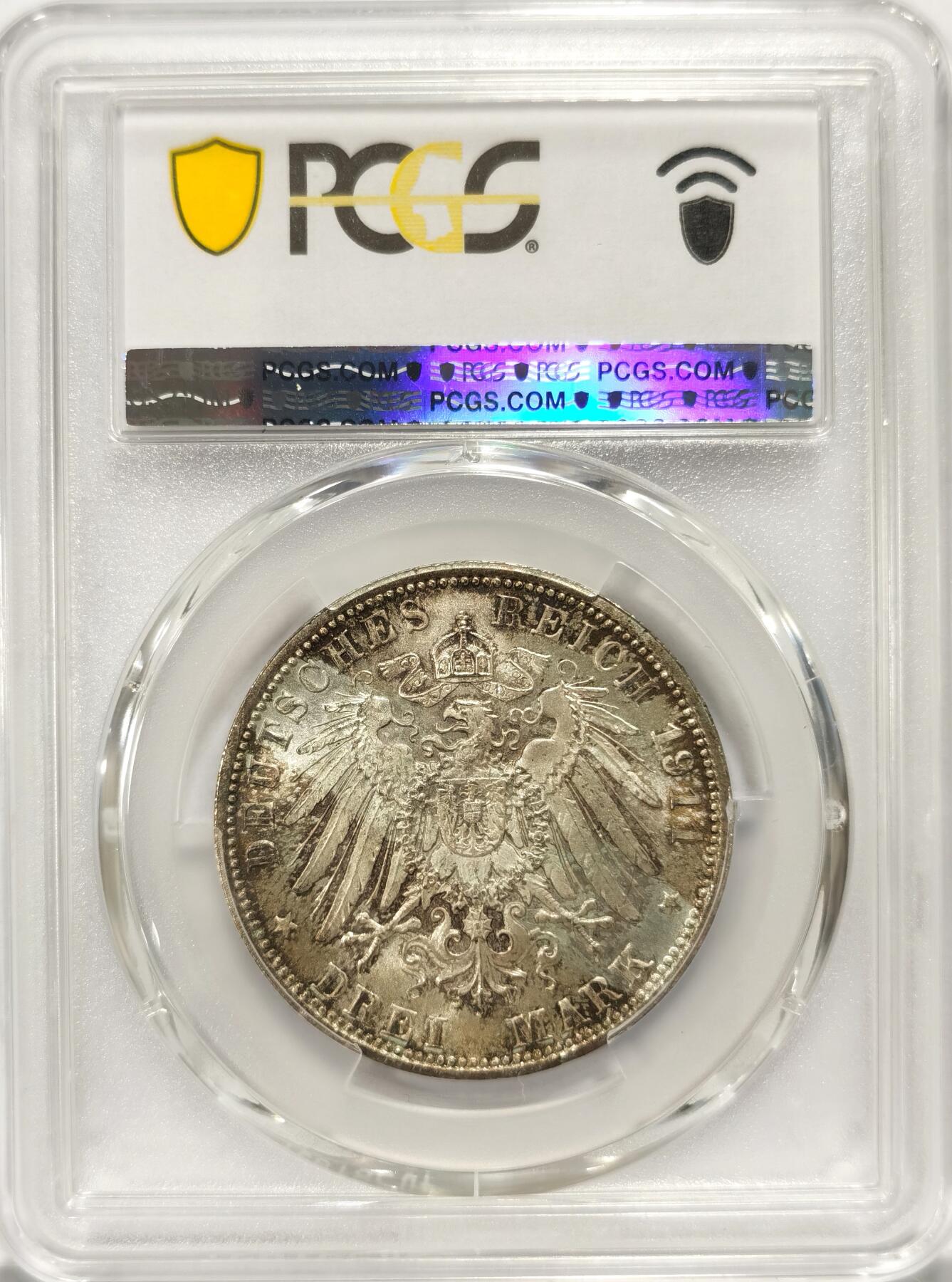 【麦稀奇世界钱币展】博洋堂“流萤染夏”六月精品专场暨第081期（全场包邮） PCGS MS63 德国巴伐利亚1911年利奥波德90寿辰3马克银币