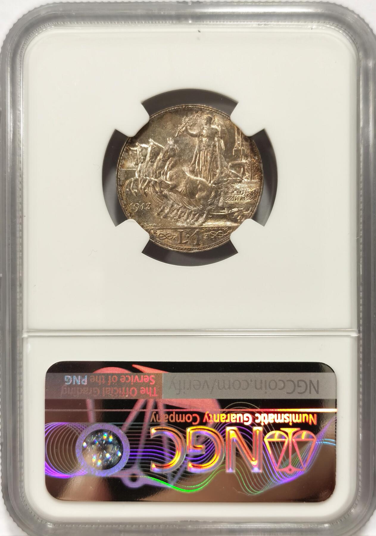 【麦稀奇世界钱币展】博洋堂“流萤染夏”六月精品专场暨第081期（全场包邮） NGC MS63 意大利1913年圈版马车一里拉银币，高分少