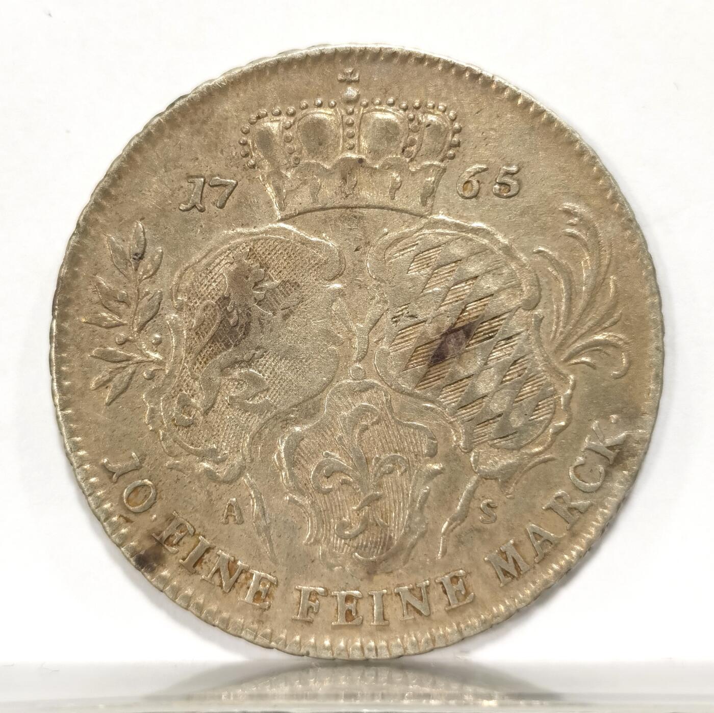 【麦稀奇世界钱币展】博洋堂“流萤染夏”六月精品专场暨第081期（全场包邮） 1765年德国莱茵普法尔茨选帝侯国1泰勒银币 少见邦国 普法尔茨-巴伐利亚-选帝侯三拼盾徽 维特斯巴赫家族的卡尔·特奥多尔 细节比较完整 深色包浆