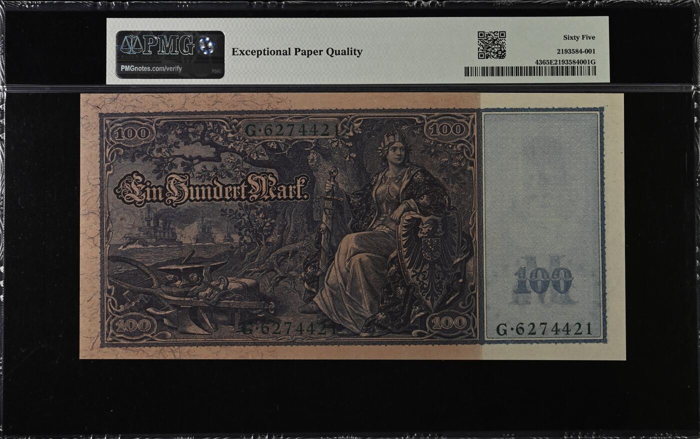 收藏联盟Quantum Auction 第353期拍卖  德国1910 (ND 1918-22)年100马克 PMG65 少见绿色库印 大票幅