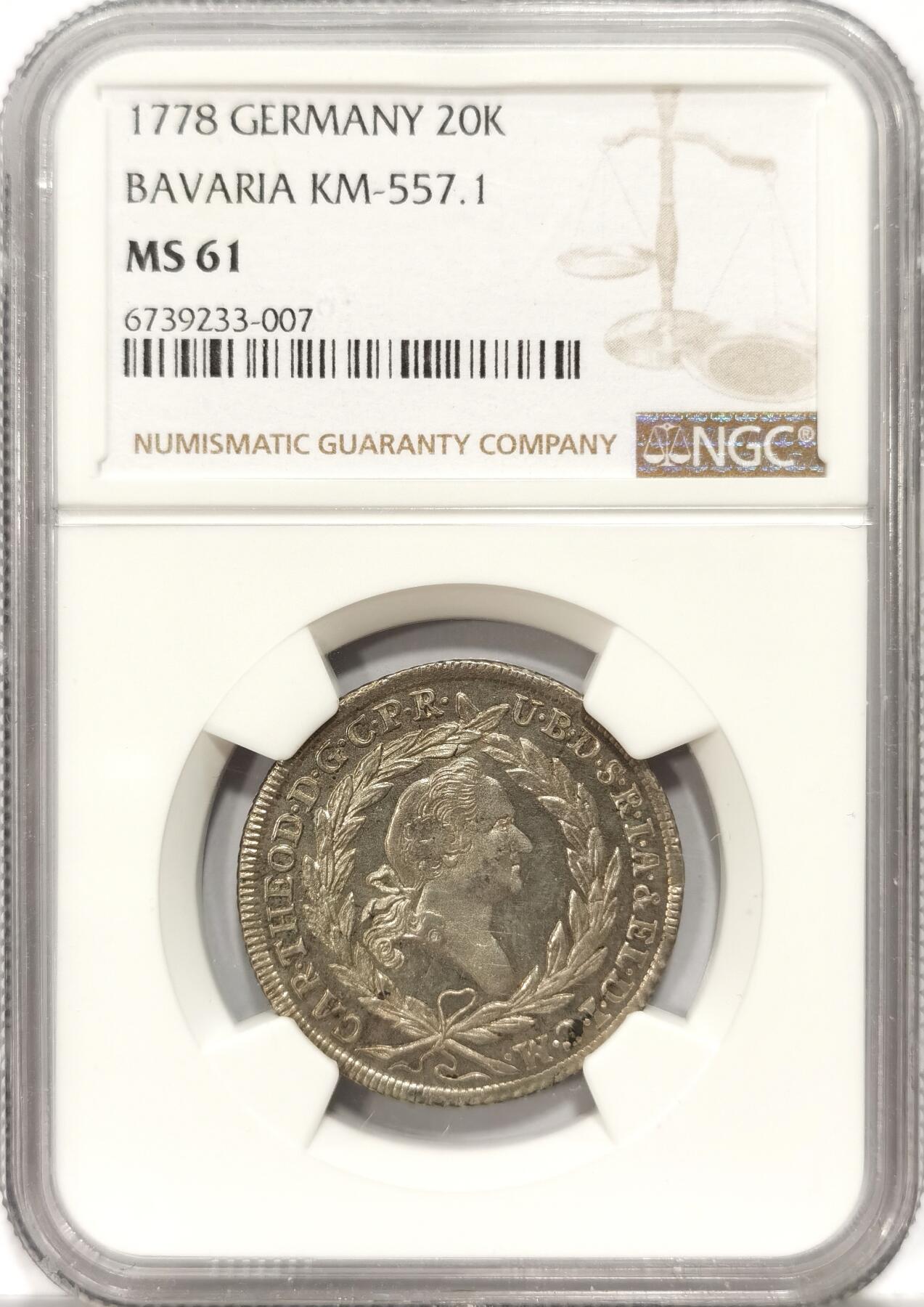 【麦稀奇世界钱币展】博洋堂“流萤染夏”六月精品专场暨第081期（全场包邮） NGC MS61 1778年德国巴伐利亚20克鲁泽银币 唯一最高分 略带镜面的绝美品相 罕见版本首年 普法尔茨选帝侯卡尔特奥多尔兼并巴伐利亚后的第一年 圣母抱子 减重痕几乎枚枚都有