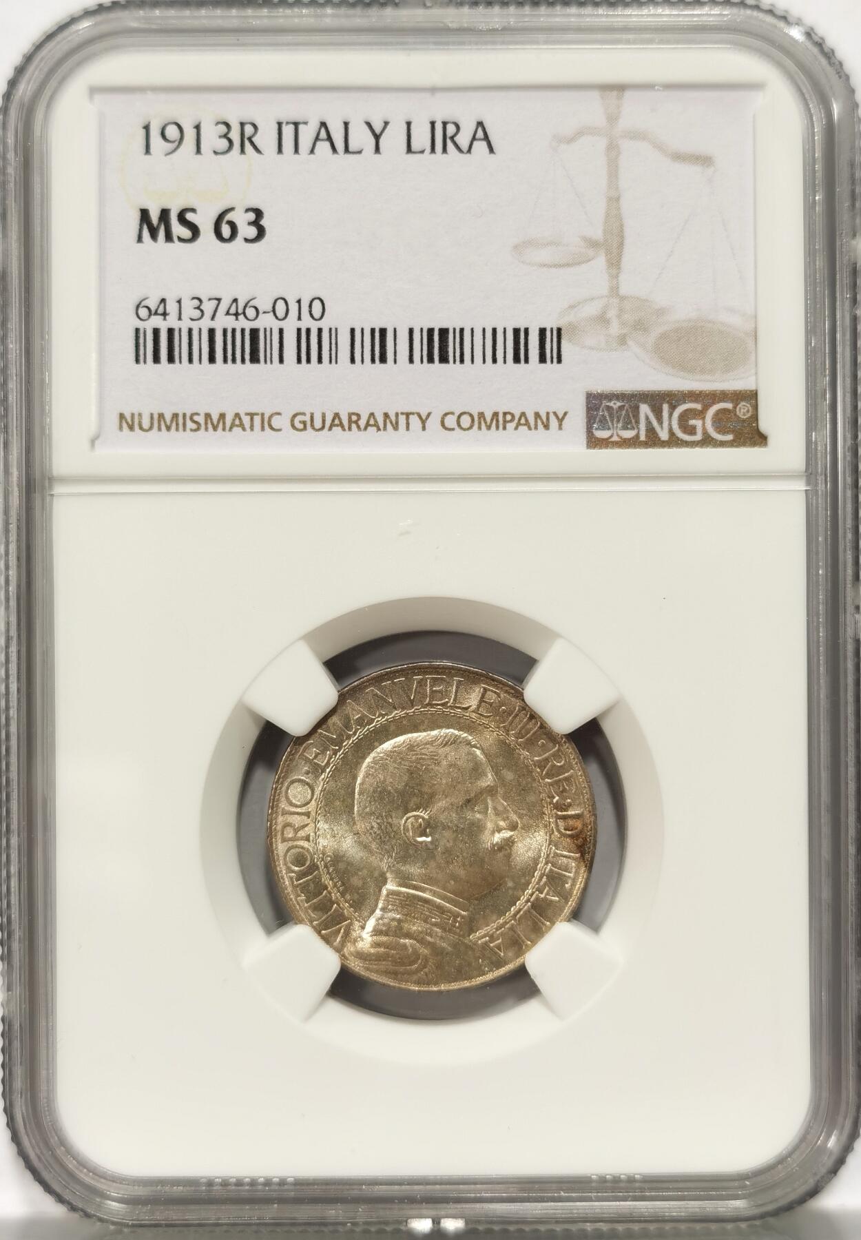 【麦稀奇世界钱币展】博洋堂“流萤染夏”六月精品专场暨第081期（全场包邮） NGC MS63 意大利1913年圈版马车一里拉银币，高分少