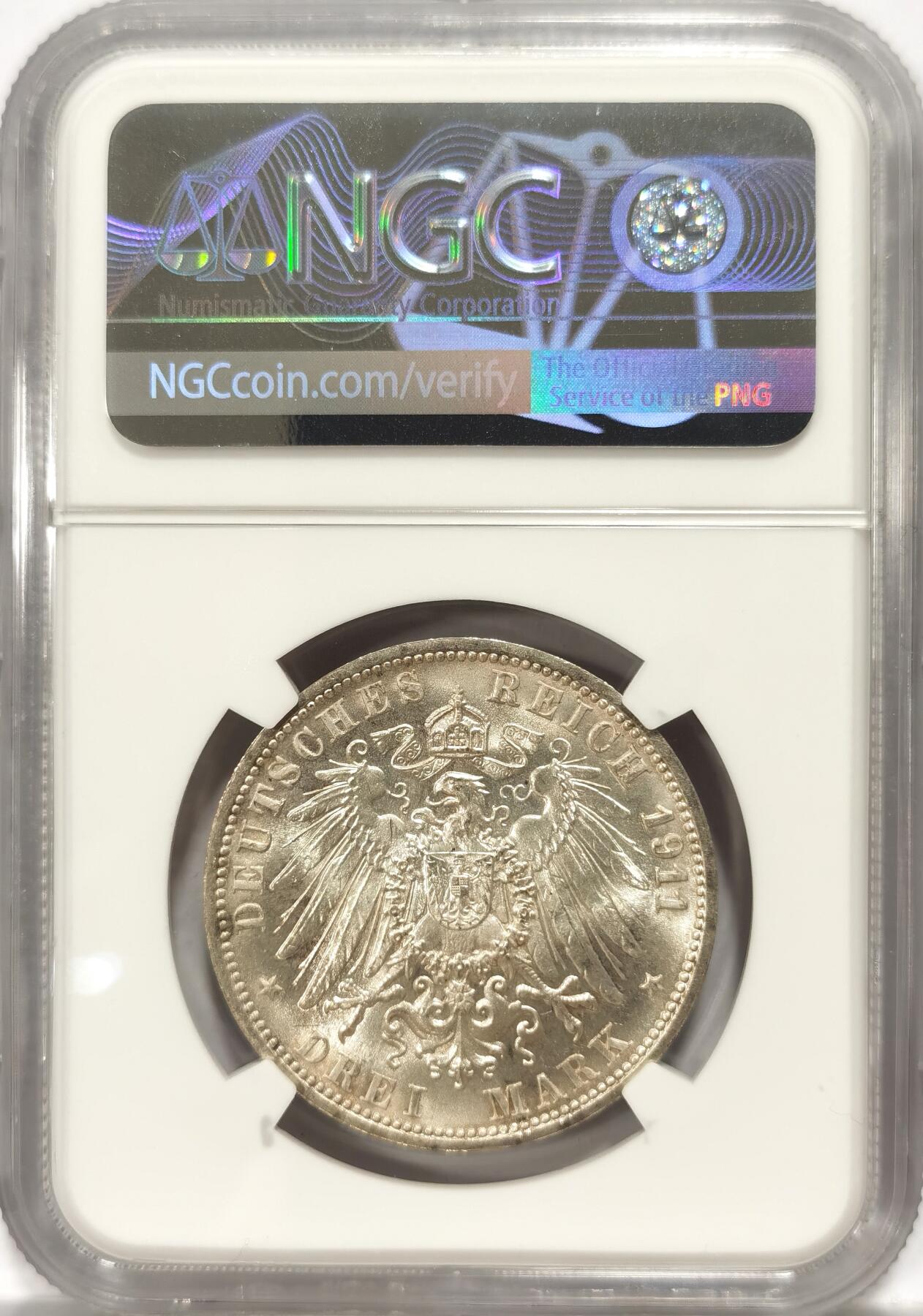 【麦稀奇世界钱币展】博洋堂“流萤染夏”六月精品专场暨第081期（全场包邮） NGC MS65 德国符腾堡1911年银婚3马克银币