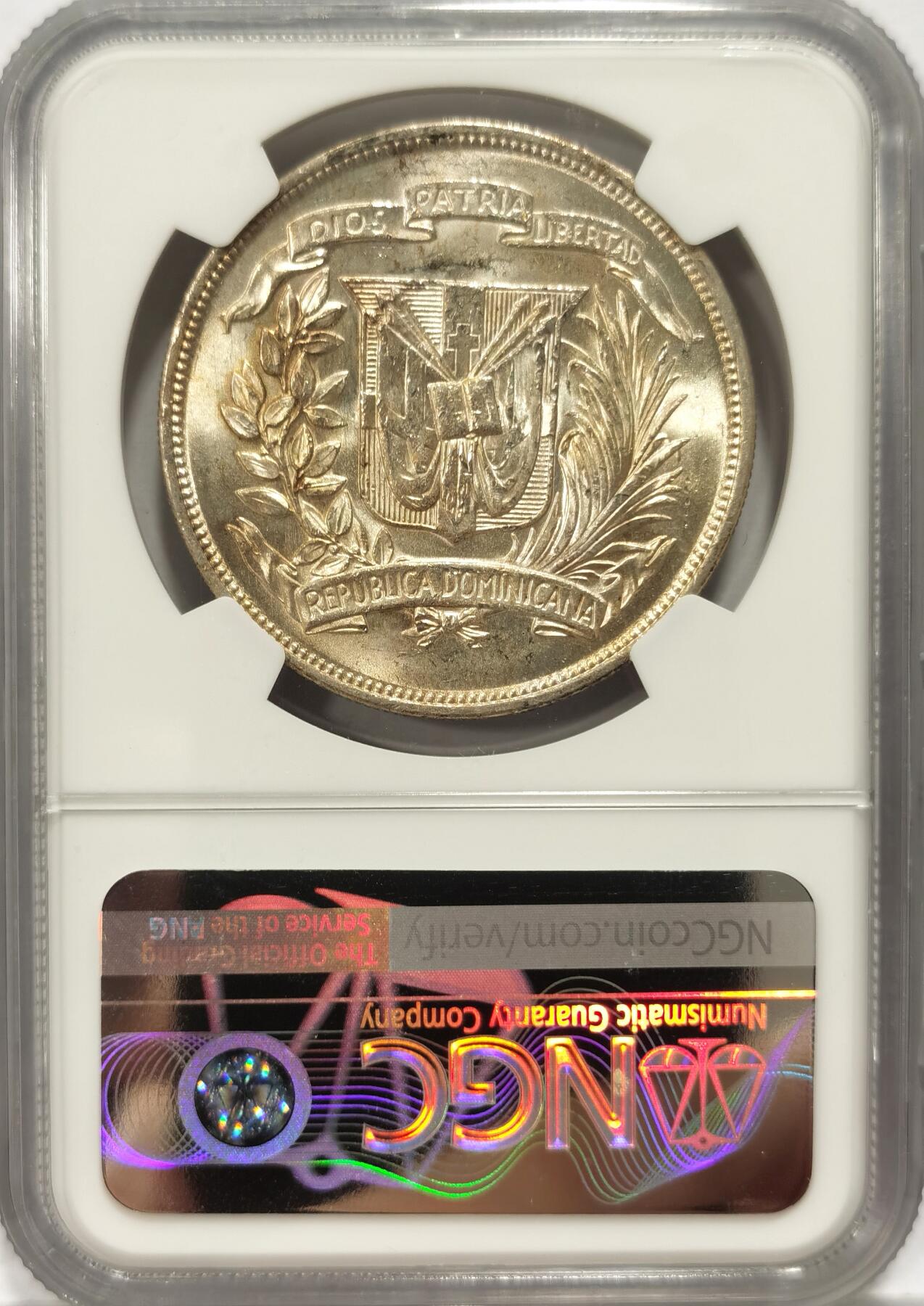 【麦稀奇世界钱币展】博洋堂“流萤染夏”六月精品专场暨第081期（全场包邮） NGC MS61 多米尼加1952年女神1比索大银币，流通版最后一年，低评，美洲币热门品种