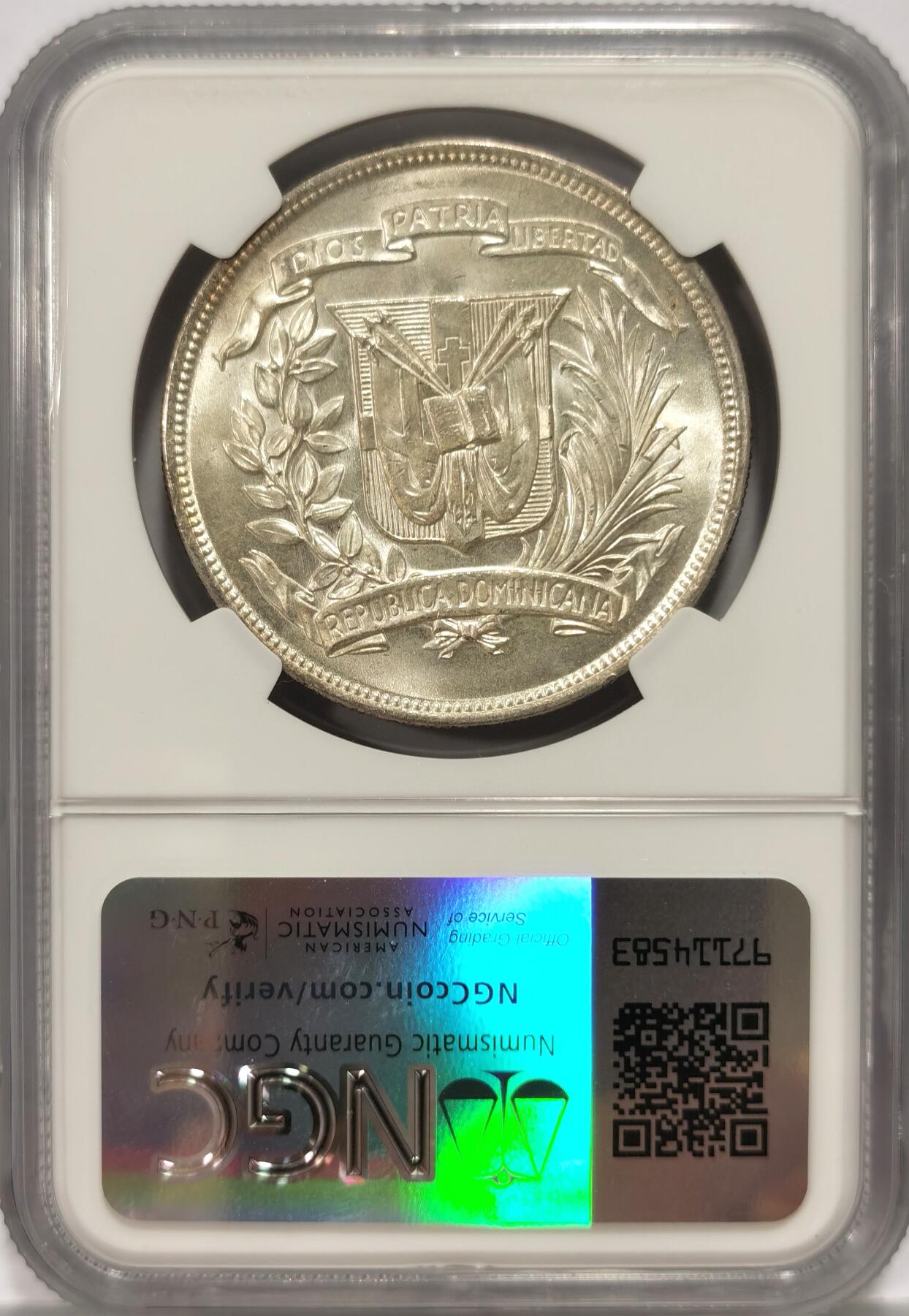 【麦稀奇世界钱币展】博洋堂“流萤染夏”六月精品专场暨第081期（全场包邮） NGC MS63 多米尼加1952年女神1比索大银币，美洲热门品种，高分难得