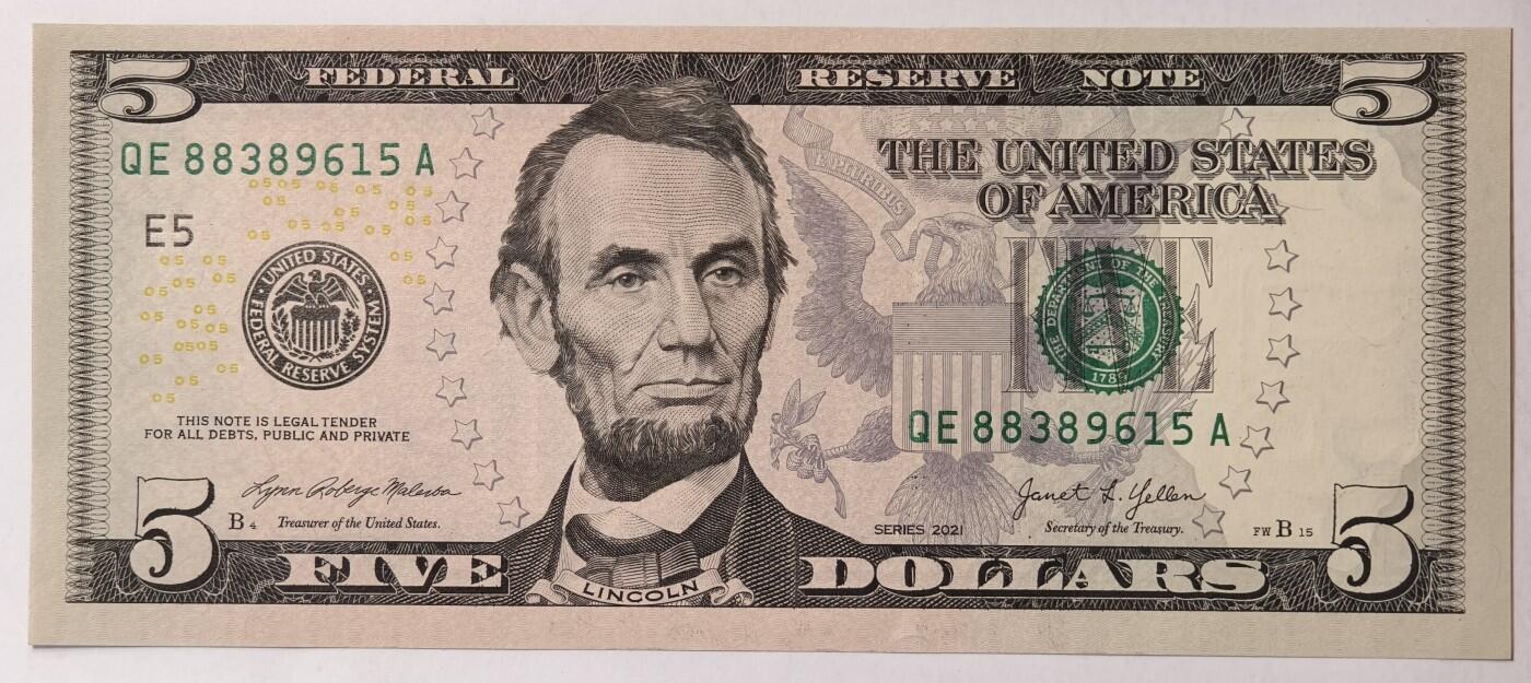 外币专场20240615第八场 美国2021年E版，无序列，林肯5元，彩色版UNC