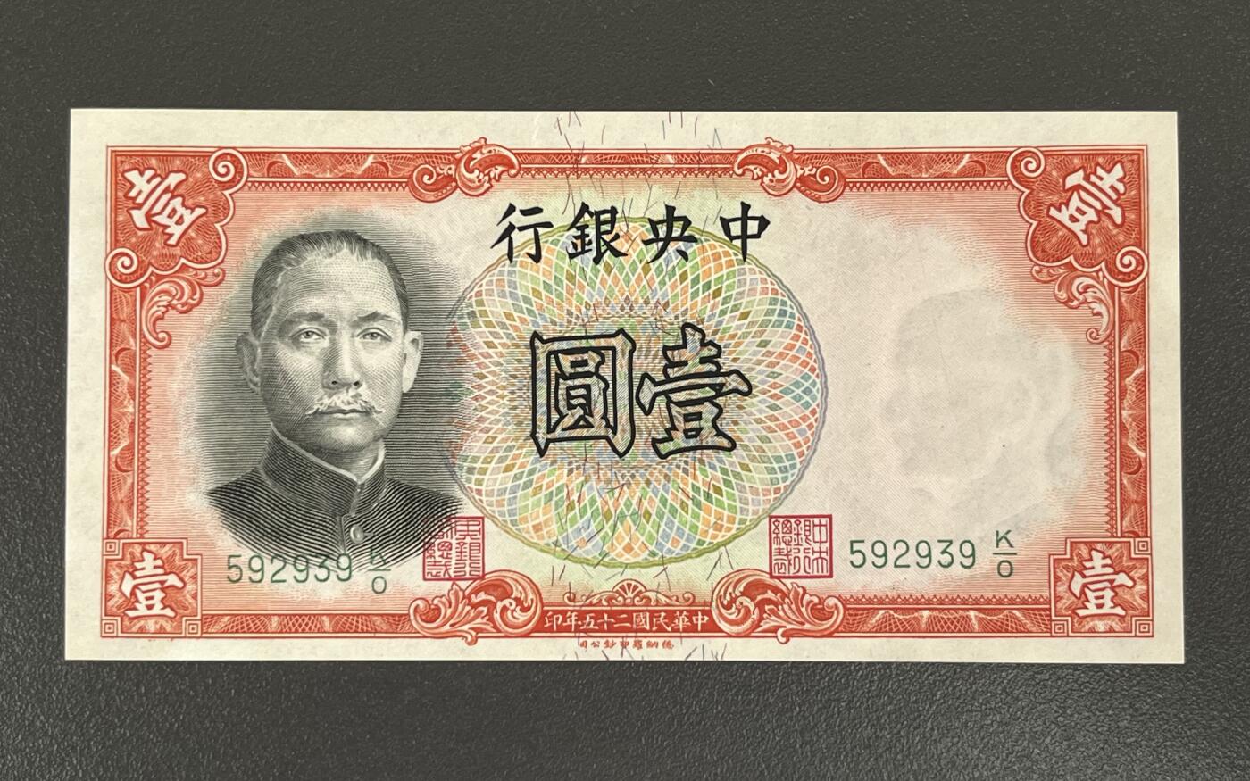 历代纸钞专场第2期 民国二十五年中央银行壹圆德纳罗版，全新原票。