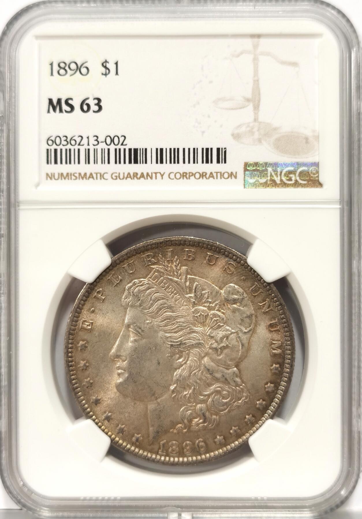【麦稀奇世界钱币展】博洋堂“流萤染夏”六月精品专场暨第081期（全场包邮） 1896年美国摩根银币P版NGC-MS63，原汁原味双面彩老包浆，包浆醇厚浓郁，打制精美，状态极佳。略为低评，状态和品质绝对不输MS64分