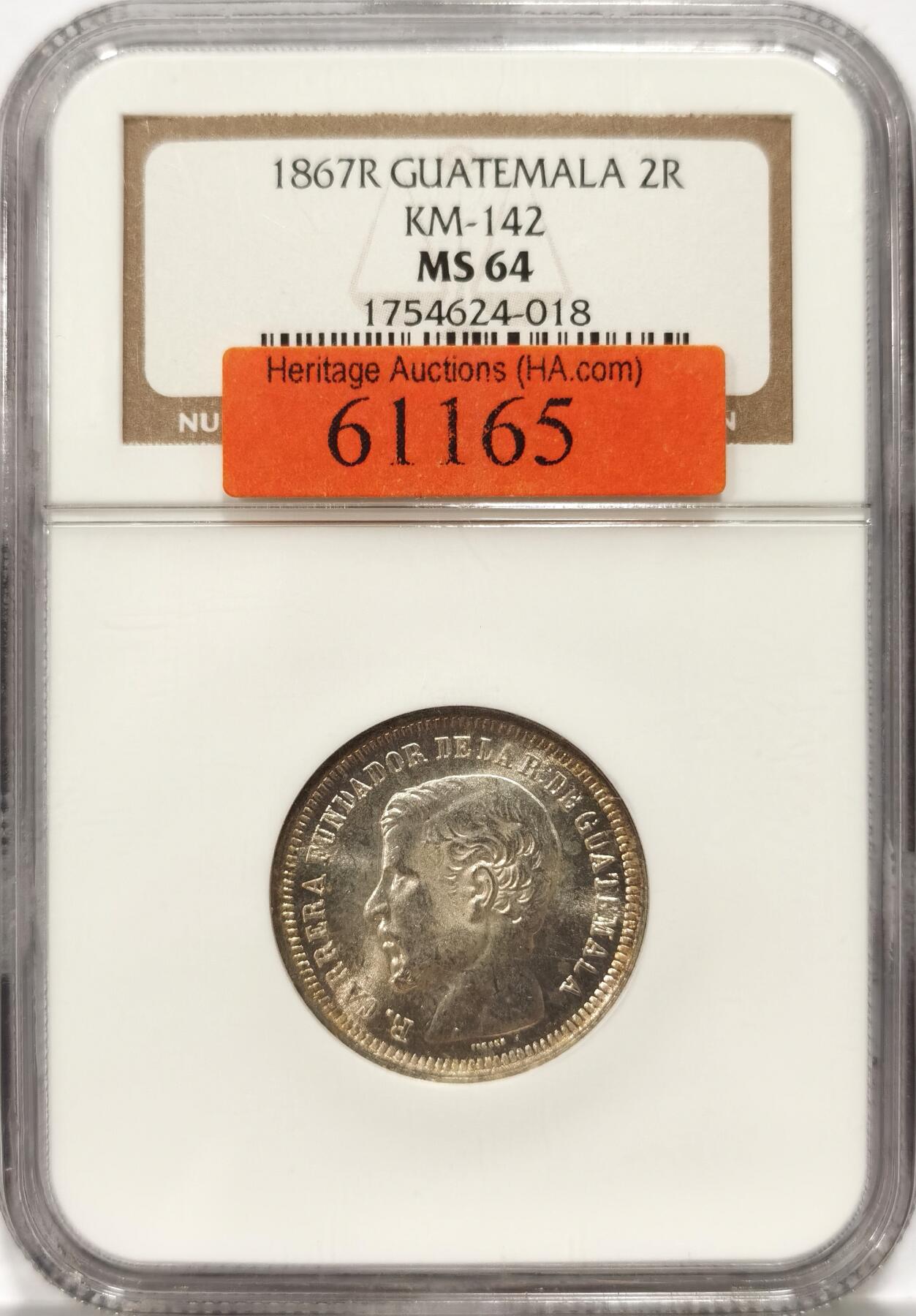 【麦稀奇世界钱币展】博洋堂“流萤染夏”六月精品专场暨第081期（全场包邮） NGC MS64 危地马拉1867年2R银币，高分少见面值