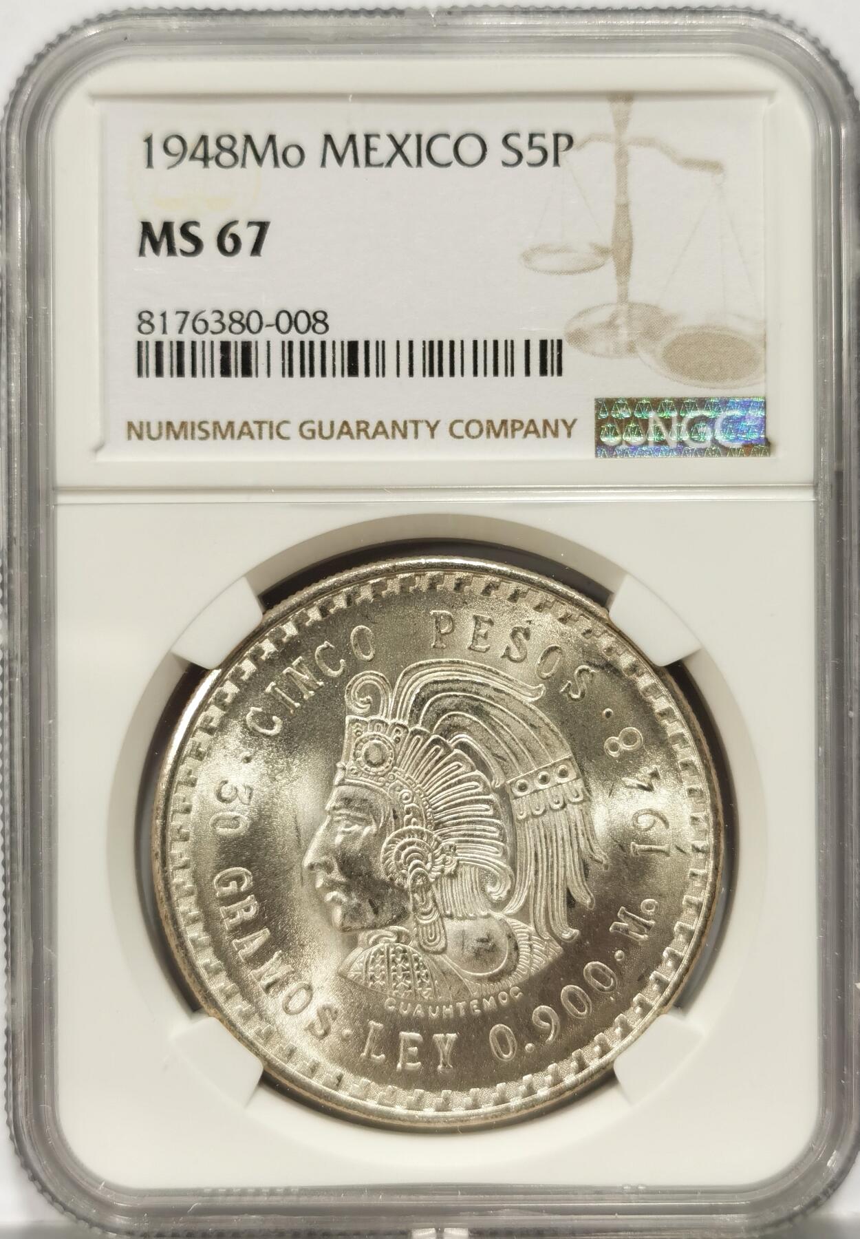 【麦稀奇世界钱币展】博洋堂“流萤染夏”六月精品专场暨第081期（全场包邮） NGC MS67 墨西哥1948年玛雅人5比索银币，卷拆第二天送评，一卷里挑出的最好的品相1