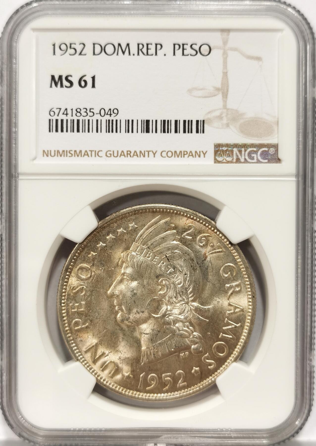 【麦稀奇世界钱币展】博洋堂“流萤染夏”六月精品专场暨第081期（全场包邮） NGC MS61 多米尼加1952年女神1比索大银币，流通版最后一年，低评，美洲币热门品种