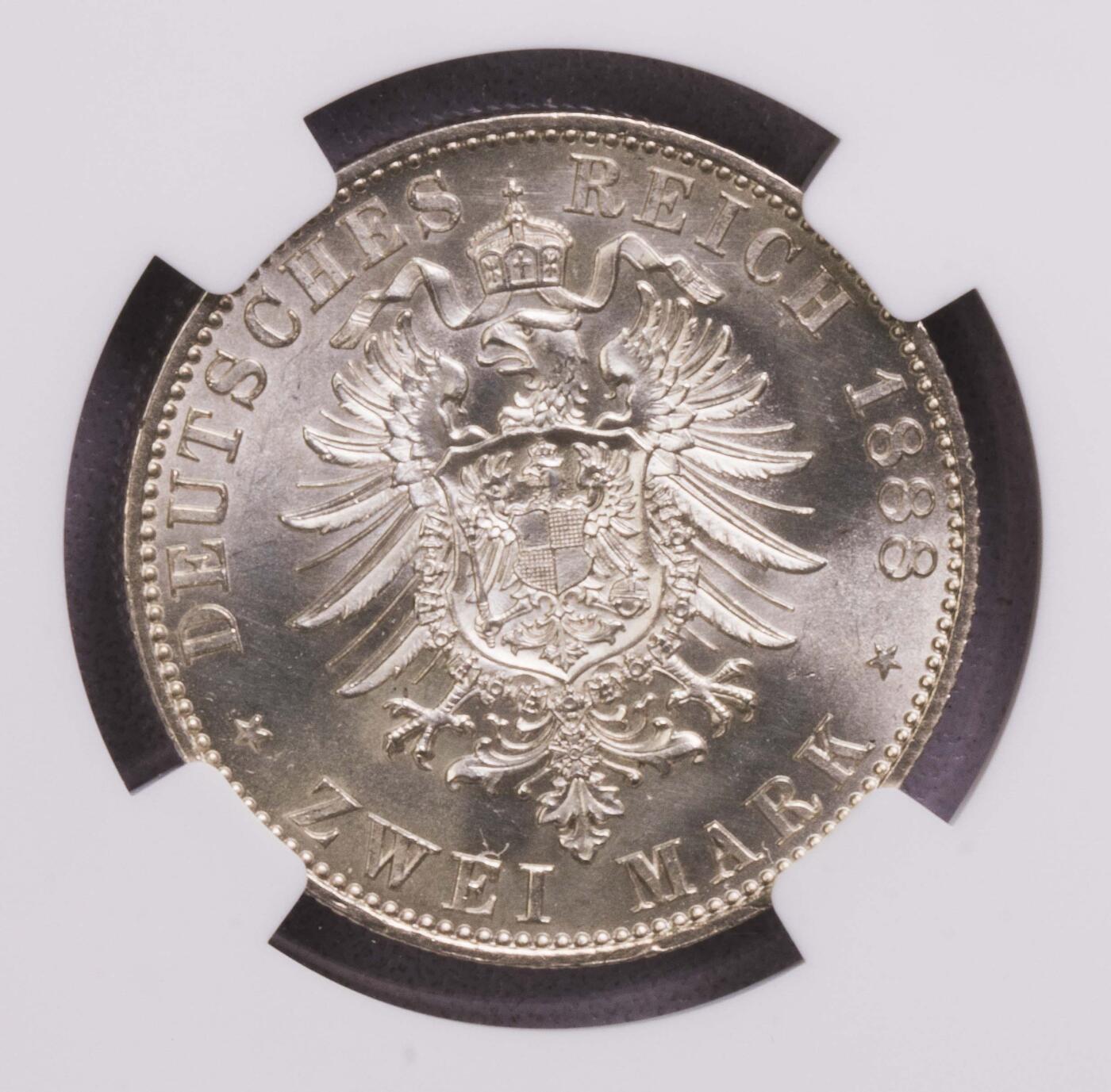 NGC-MS65 1888普鲁士三皇之年威廉二世2马克银币 顶级品