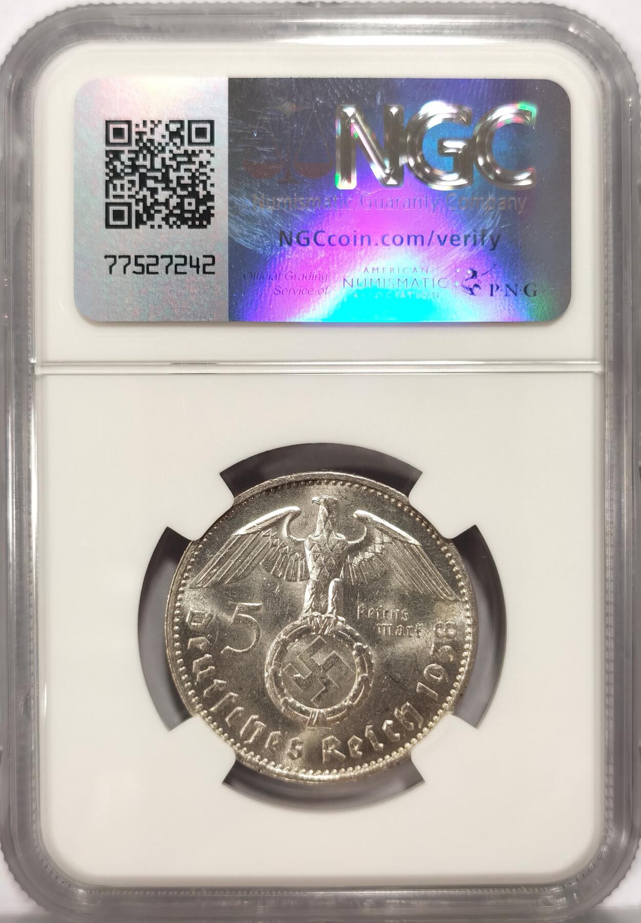 【麦稀奇世界钱币展】博洋堂“流萤染夏”六月精品专场暨第081期（全场包邮） NGC MS62 1938A德国兴登堡5马克银币，正面黄油彩，品相非常好