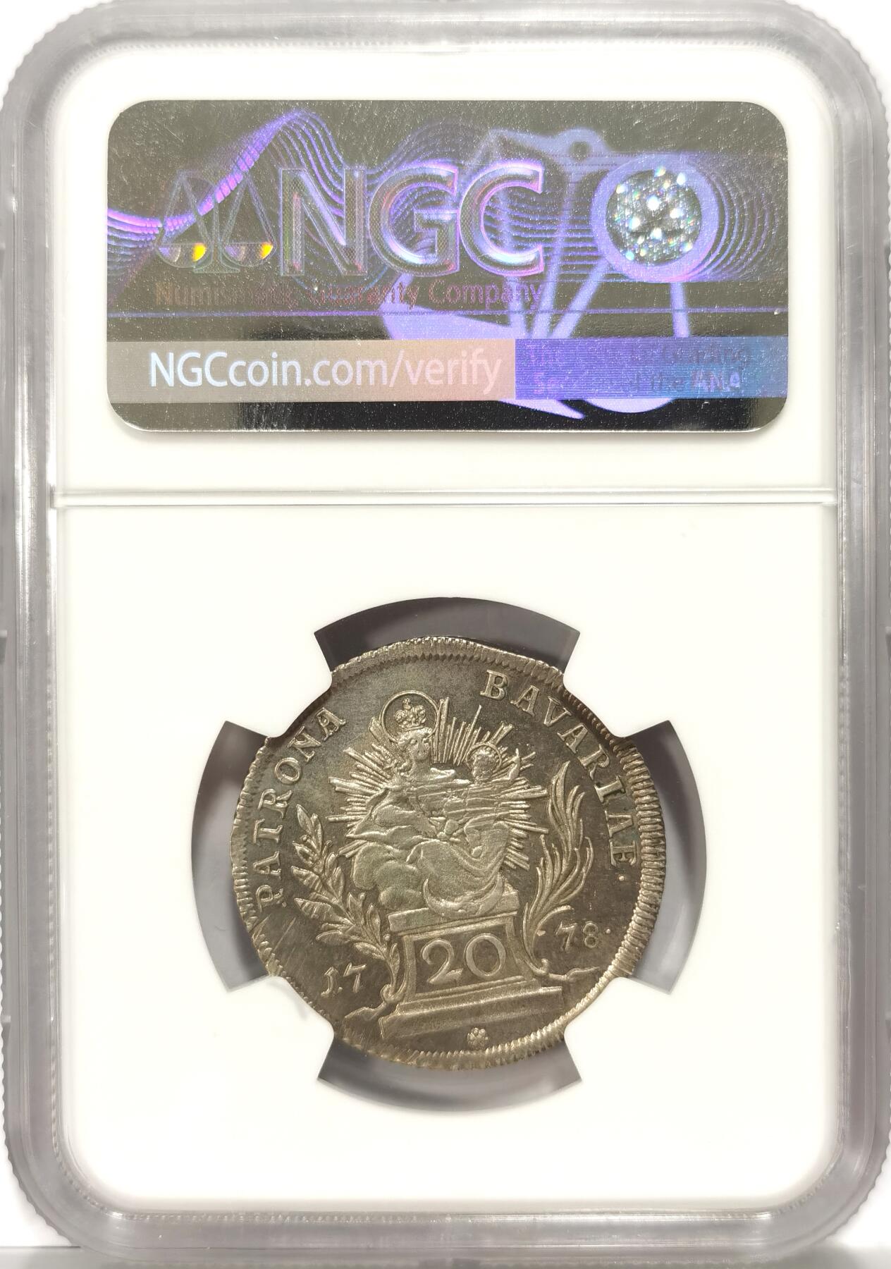 【麦稀奇世界钱币展】博洋堂“流萤染夏”六月精品专场暨第081期（全场包邮） NGC MS61 1778年德国巴伐利亚20克鲁泽银币 唯一最高分 略带镜面的绝美品相 罕见版本首年 普法尔茨选帝侯卡尔特奥多尔兼并巴伐利亚后的第一年 圣母抱子 减重痕几乎枚枚都有