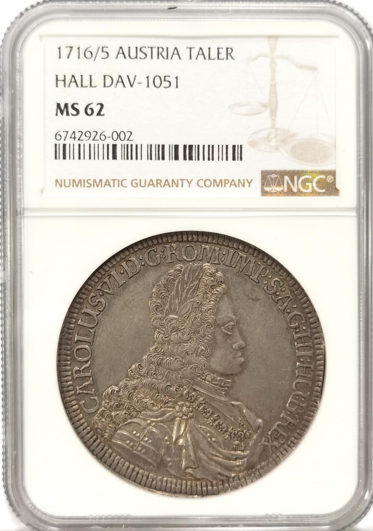 【麦稀奇世界钱币展】博洋堂“流萤染夏”六月精品专场暨第081期（全场包邮） NGC MS62 神罗奥地利1716/5年哈布斯堡王朝卡洛斯六世泰勒 经典老包浆 N榜冠军分