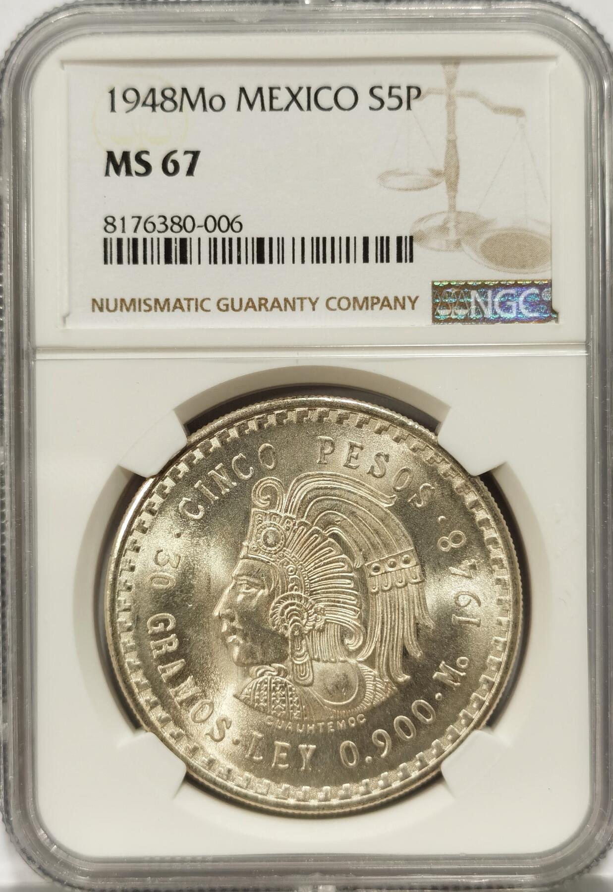 【麦稀奇世界钱币展】博洋堂“流萤染夏”六月精品专场暨第081期（全场包邮） NGC MS67 墨西哥1948年玛雅人5比索银币，卷拆第二天送评，一卷里挑出的最好的品相2
