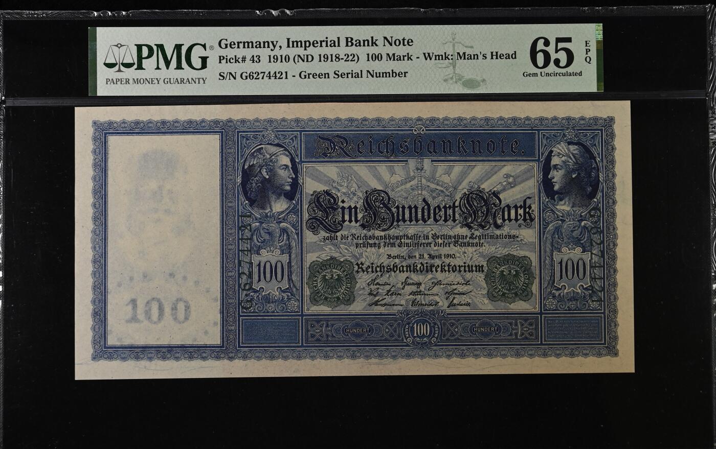 收藏联盟Quantum Auction 第353期拍卖  德国1910 (ND 1918-22)年100马克 PMG65 少见绿色库印 大票幅