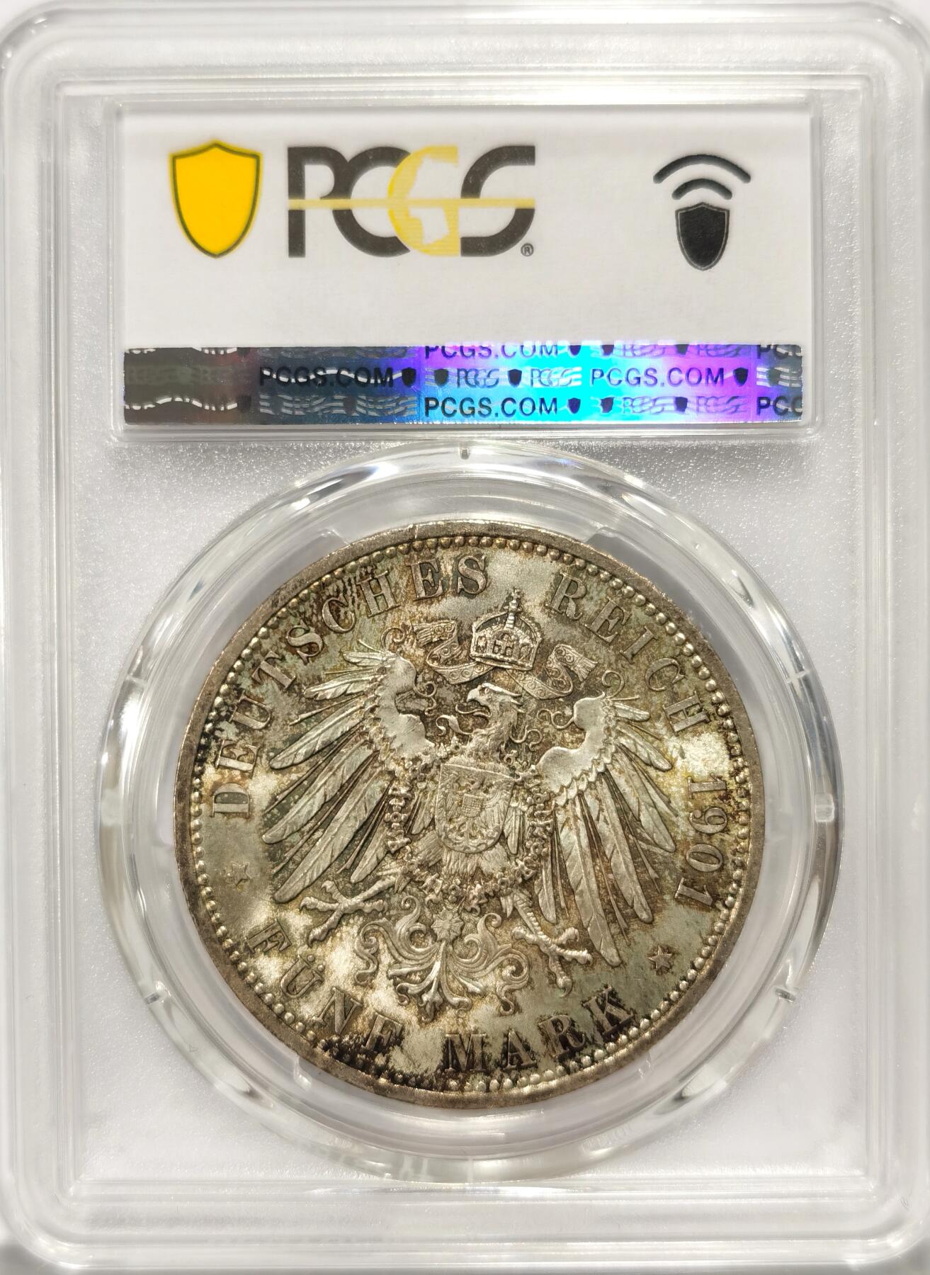 【麦稀奇世界钱币展】博洋堂“流萤染夏”六月精品专场暨第081期（全场包邮） PCGS MS62 德国普鲁士1901年建国5马克银币 低评状态