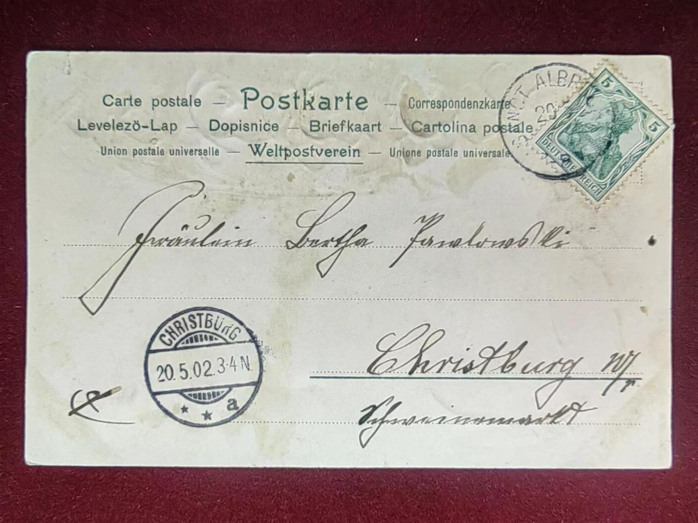 联合阁邮币社™ ——“古典明信片专场” 1902年-玫瑰是爱的标志，三叶草的好运对你来说意味着，今天我向你致以一千个问候（全压花片、双清戳完整）