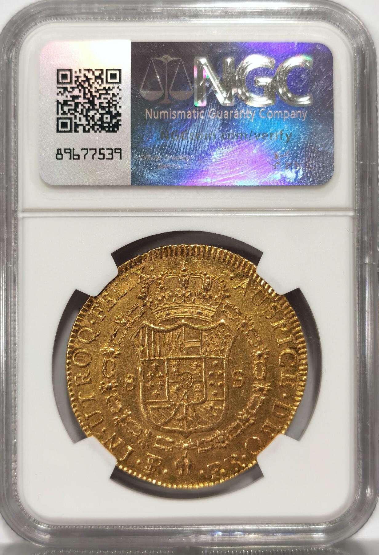 【麦稀奇世界钱币展】博洋堂“流萤染夏”六月精品专场暨第081期（全场包邮） NGC MS61 西属玻利维亚1779年卡洛斯三世8埃斯库多大金币，稀见币胚缺陷，罕见双面深打，细节惊人，卡三金币MS难度大