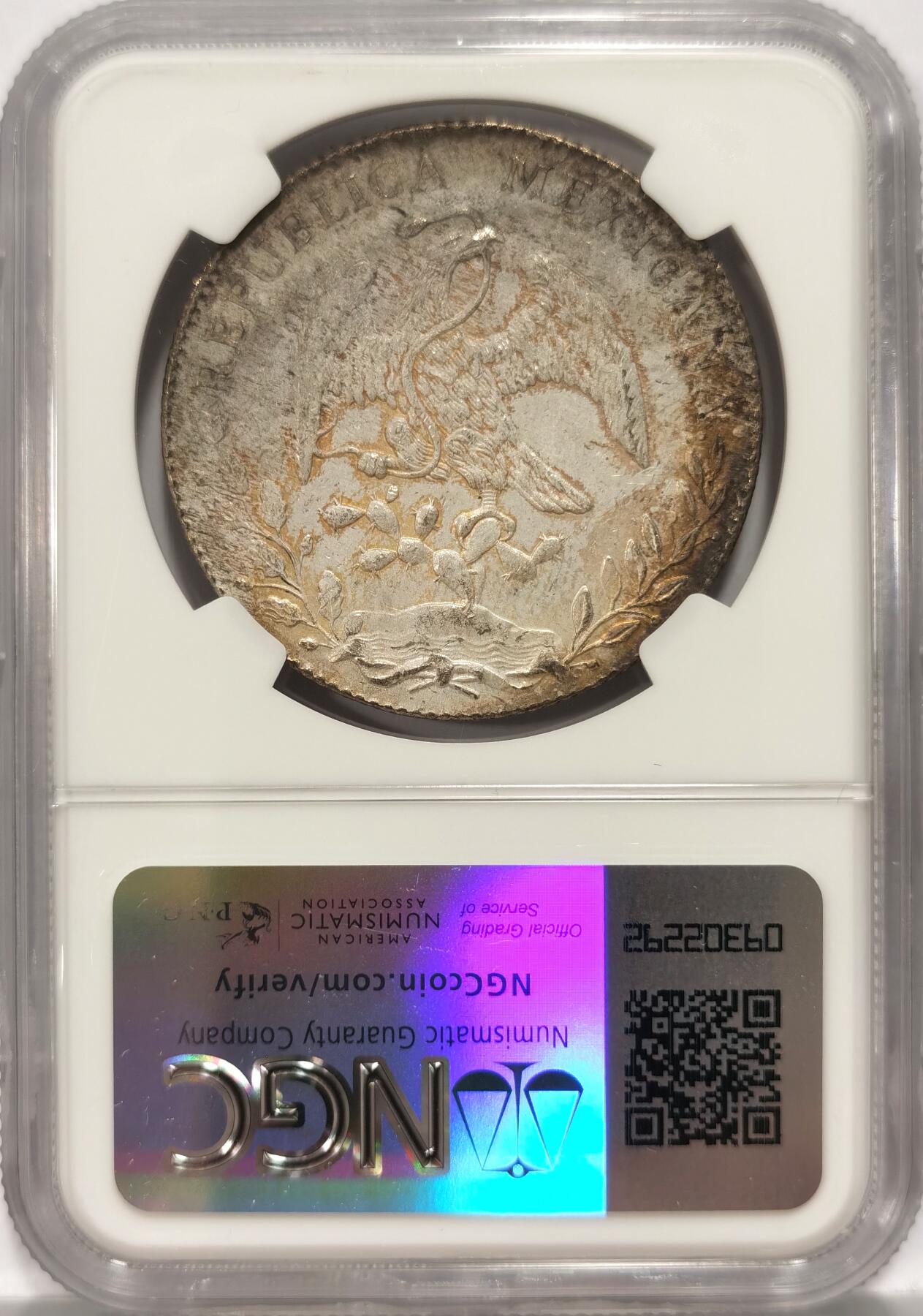 【麦稀奇世界钱币展】博洋堂“流萤染夏”六月精品专场暨第081期（全场包邮） NGC MS62 墨西哥1896/1年GO/AS RS/ML花边鹰洋，罕见年份、厂别、鉴定师三骑字版，原味月芽彩包浆，一枚毕业