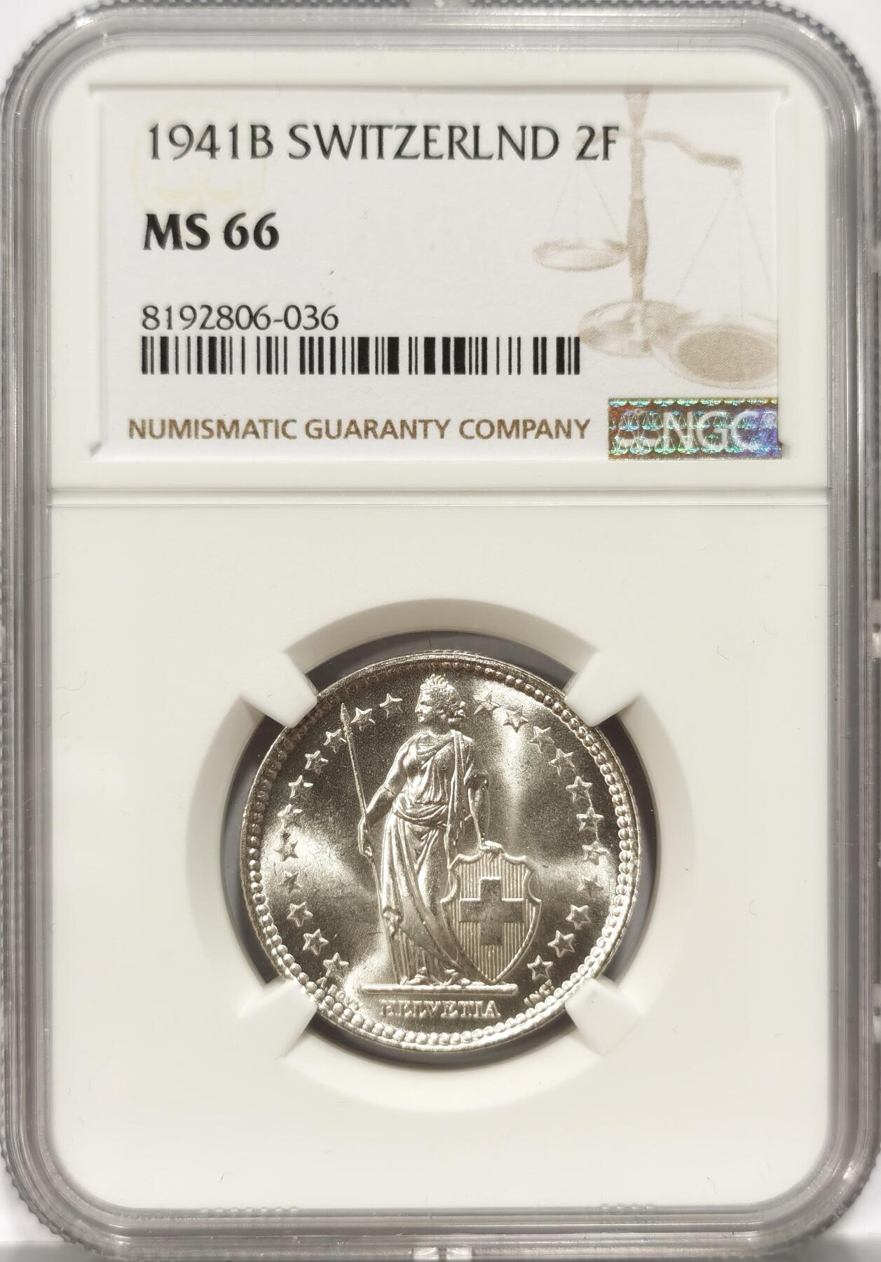 【麦稀奇世界钱币展】博洋堂“流萤染夏”六月精品专场暨第081期（全场包邮） NGC MS66 瑞士1941年2法郎银币，赫尔维蒂娅女神，早期年份高分极其少见！
