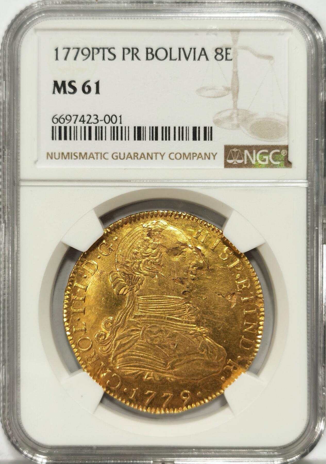 【麦稀奇世界钱币展】博洋堂“流萤染夏”六月精品专场暨第081期（全场包邮） NGC MS61 西属玻利维亚1779年卡洛斯三世8埃斯库多大金币，稀见币胚缺陷，罕见双面深打，细节惊人，卡三金币MS难度大