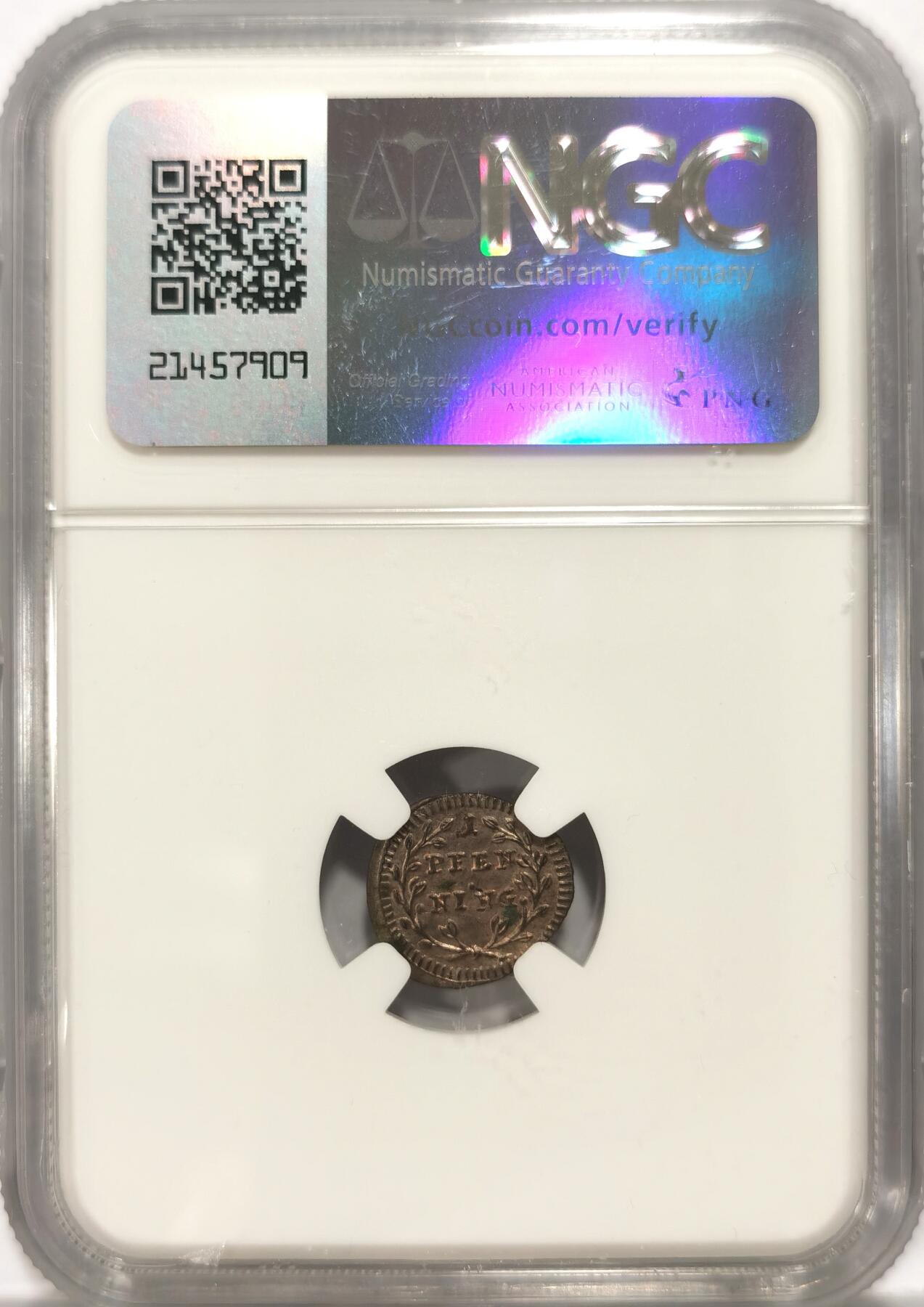 【麦稀奇世界钱币展】博洋堂“流萤染夏”六月精品专场暨第081期（全场包邮） NGC MS63 德国雷根斯堡1759年双钥匙1芬尼小银币