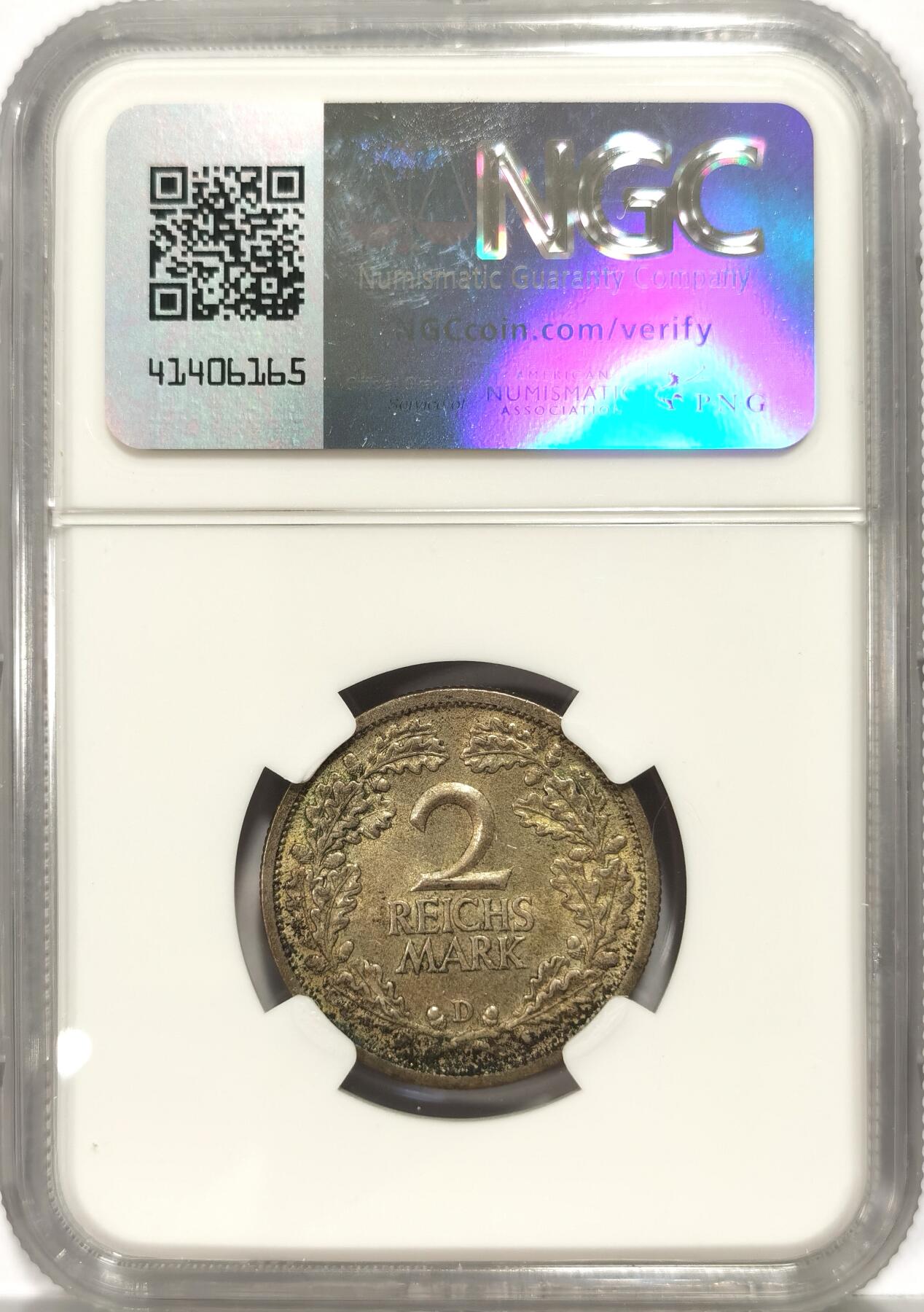 【麦稀奇世界钱币展】博洋堂“流萤染夏”六月精品专场暨第081期（全场包邮） NGC MS62 德国魏玛共和国1926年2马克银币 自然黄油包浆非常养眼 高点均在