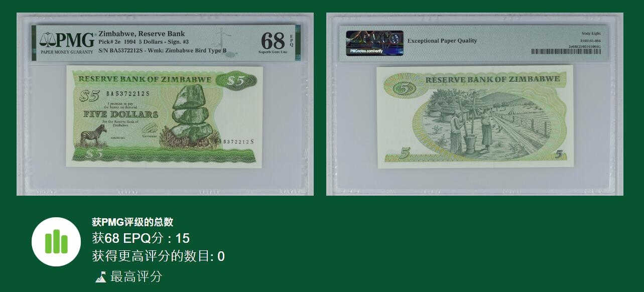 《张总收藏》154期-外币周日精品场 津巴布韦1994年5元PMG68E冠军分无4