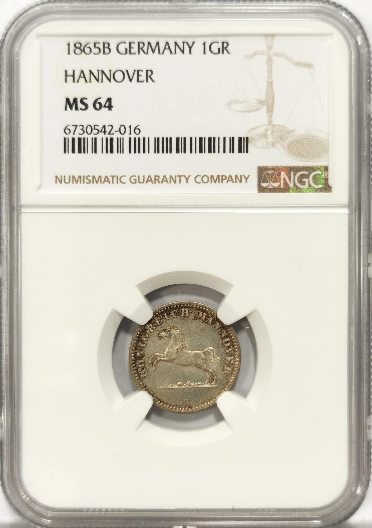 【麦稀奇世界钱币展】博洋堂“流萤染夏”六月精品专场暨第081期（全场包邮） NGC MS64 德国汉诺威1865年奔马1格罗申银币