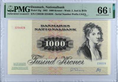 《张总收藏》154期-外币周日精品场 - 丹麦1992年1000克朗最高值PMG66E 名誉品大松鼠 顶级雕刻 栩栩如生 Pick#53g