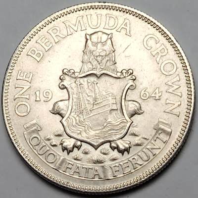 布加迪🐬～世界钱币(上海)🌾第 125 期 /  🇳🇴🇩🇪🇺🇸🇧🇲🇫🇷各国银币及散币 - 英属百慕大🇧🇲 1964年 伊丽莎白二世狮子1克朗银币22.6克