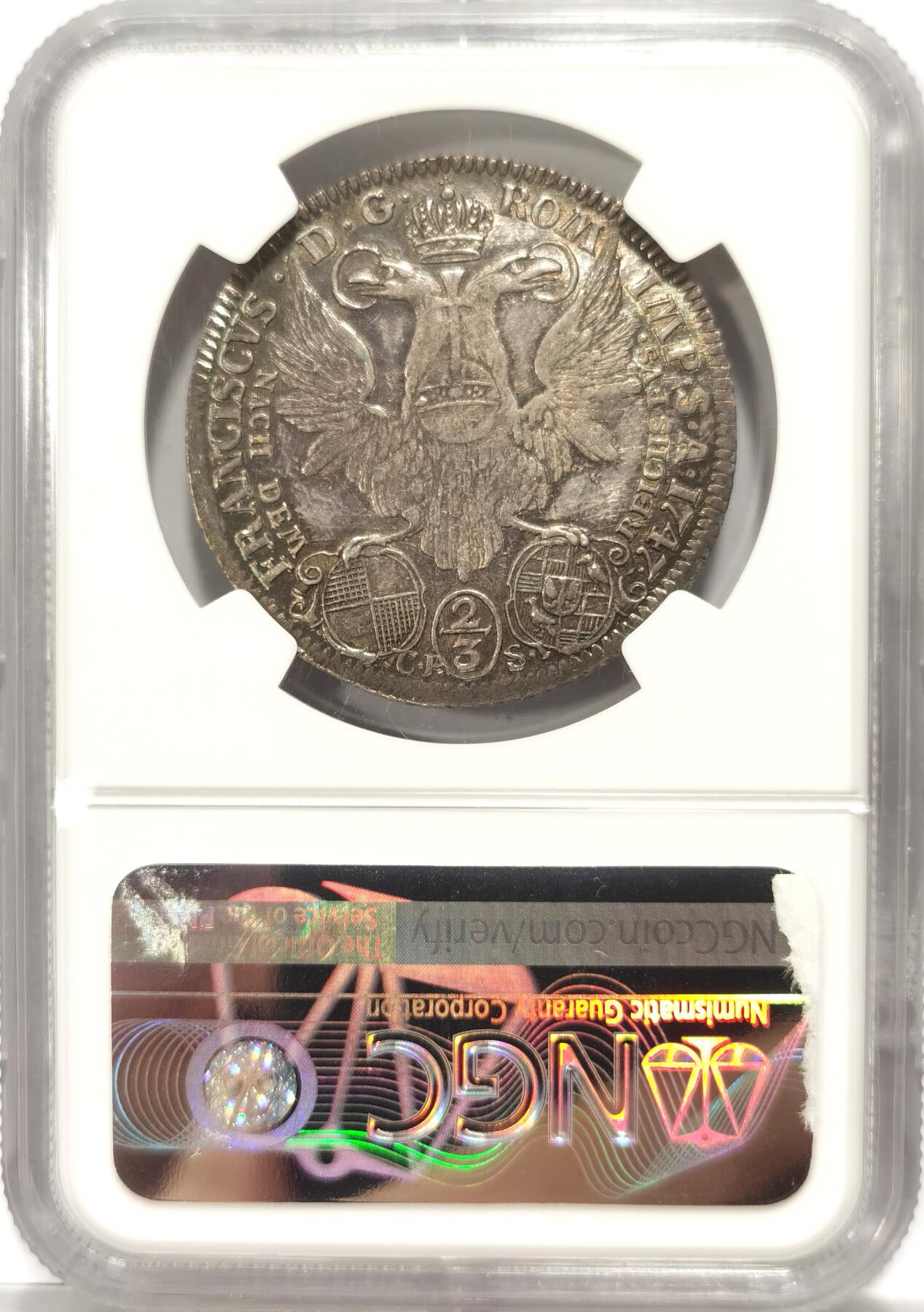 【麦稀奇世界钱币展】博洋堂“流萤染夏”六月精品专场暨第081期（全场包邮） NGC MS63 1747年德国弗里德贝格约翰.艾特三世2/3泰勒，弗里德贝格发行的泰勒不多，银币里的武士圣乔治脚踏恶龙来自圣经里的故事