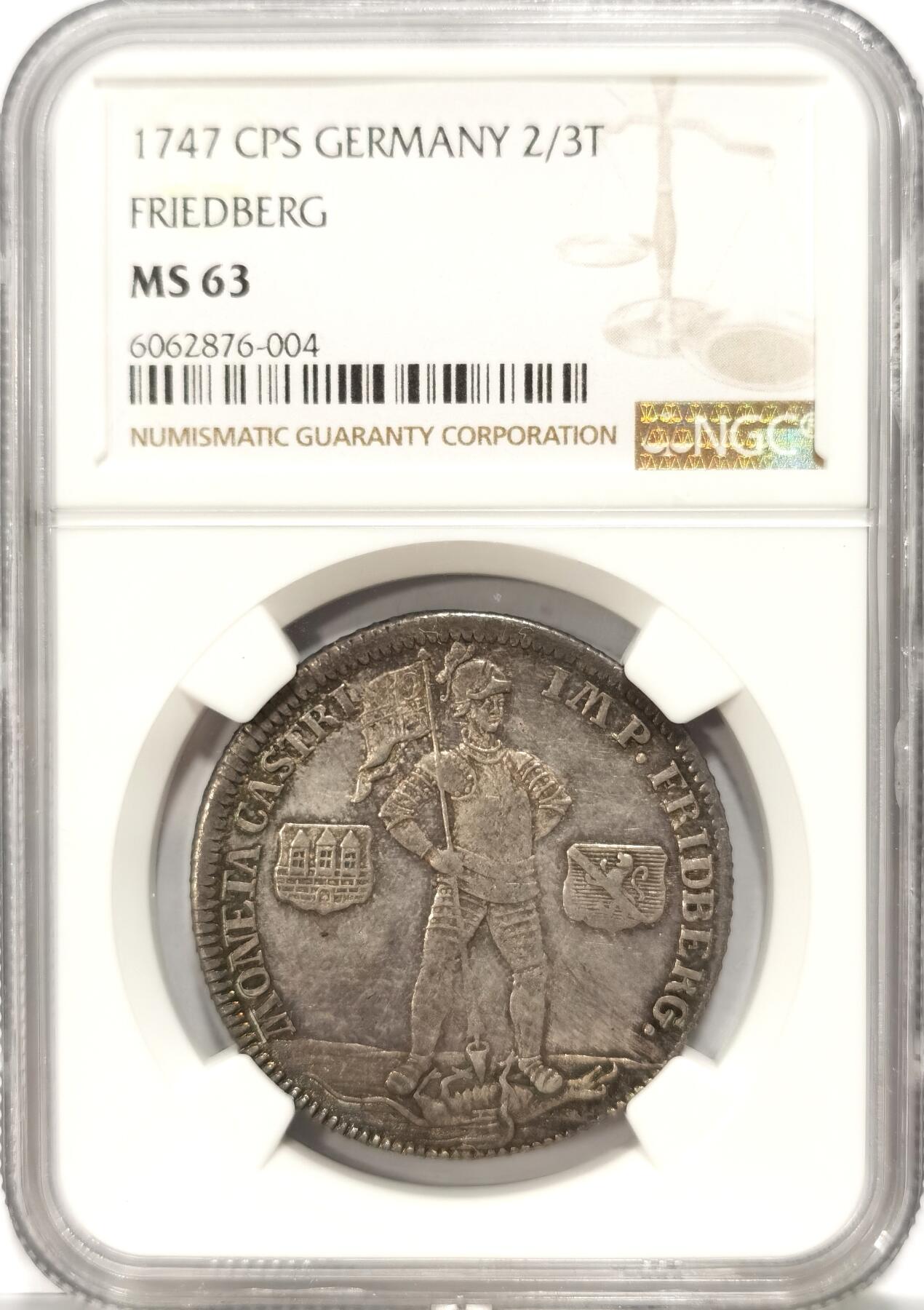 【麦稀奇世界钱币展】博洋堂“流萤染夏”六月精品专场暨第081期（全场包邮） NGC MS63 1747年德国弗里德贝格约翰.艾特三世2/3泰勒，弗里德贝格发行的泰勒不多，银币里的武士圣乔治脚踏恶龙来自圣经里的故事