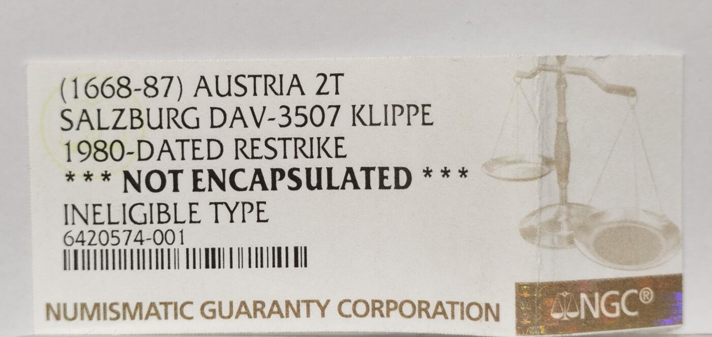 【麦稀奇世界钱币展】博洋堂“流萤染夏”六月精品专场暨第081期（全场包邮） 奥地利萨尔茨堡1668-87年菱形2泰勒Klippe（1980年后铸）近50克大银