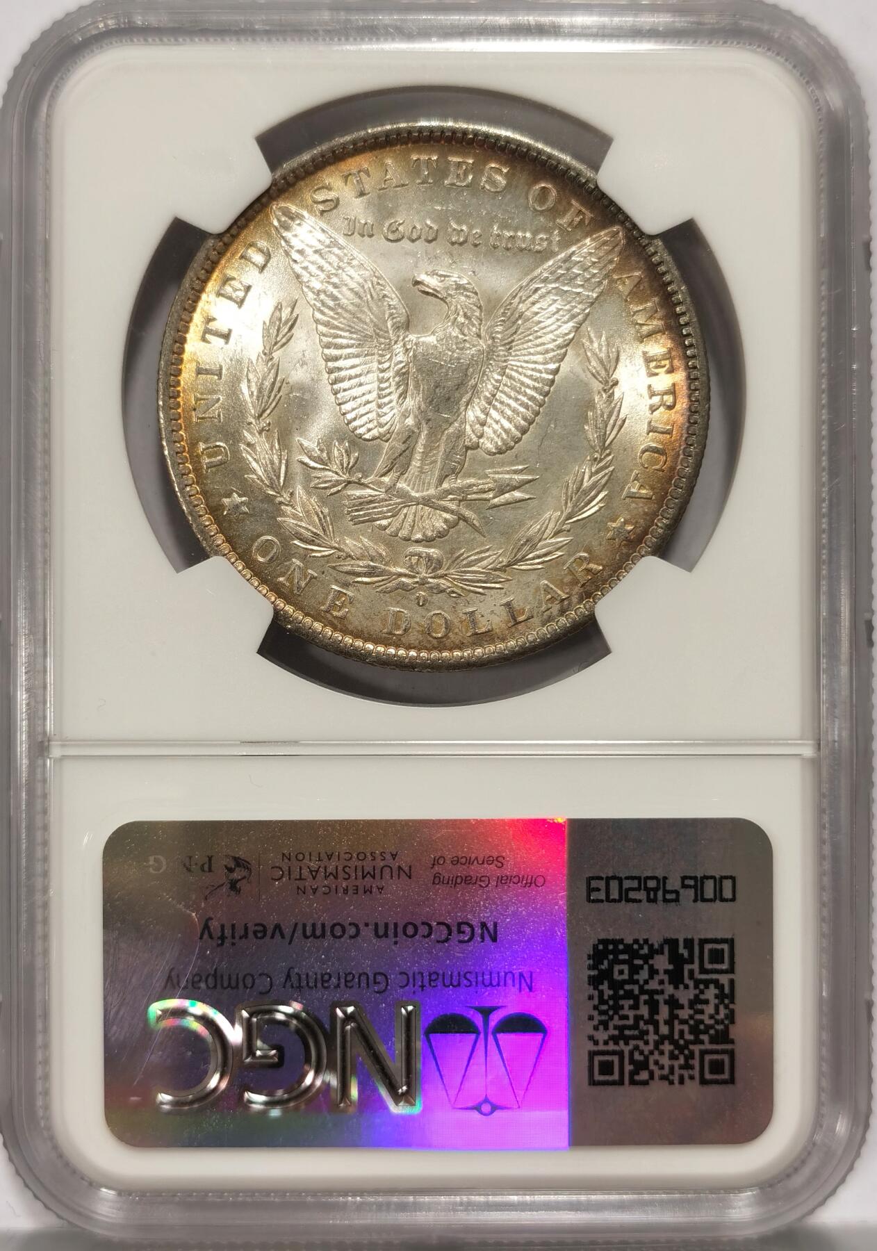 【麦稀奇世界钱币展】博洋堂“流萤染夏”六月精品专场暨第081期（全场包邮） NGC MS63 美国1884年O版摩根大银币，极美环绕五彩