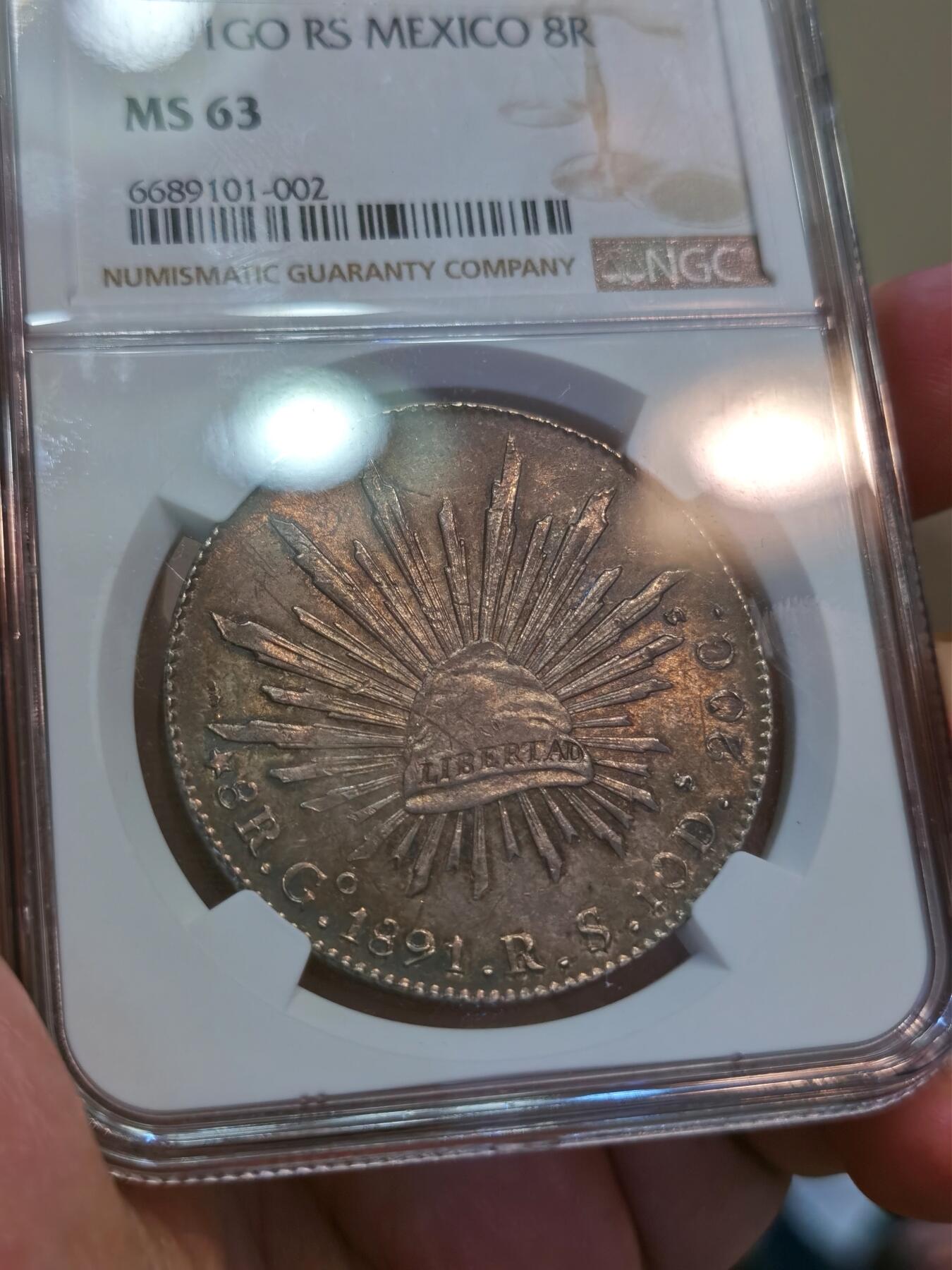 【麦稀奇世界钱币展】博洋堂“流萤染夏”六月精品专场暨第081期（全场包邮） NGC MS63 墨西哥1891年GO RS版花边鹰洋 NGC亚军分，黑五彩好状态，实物很漂亮