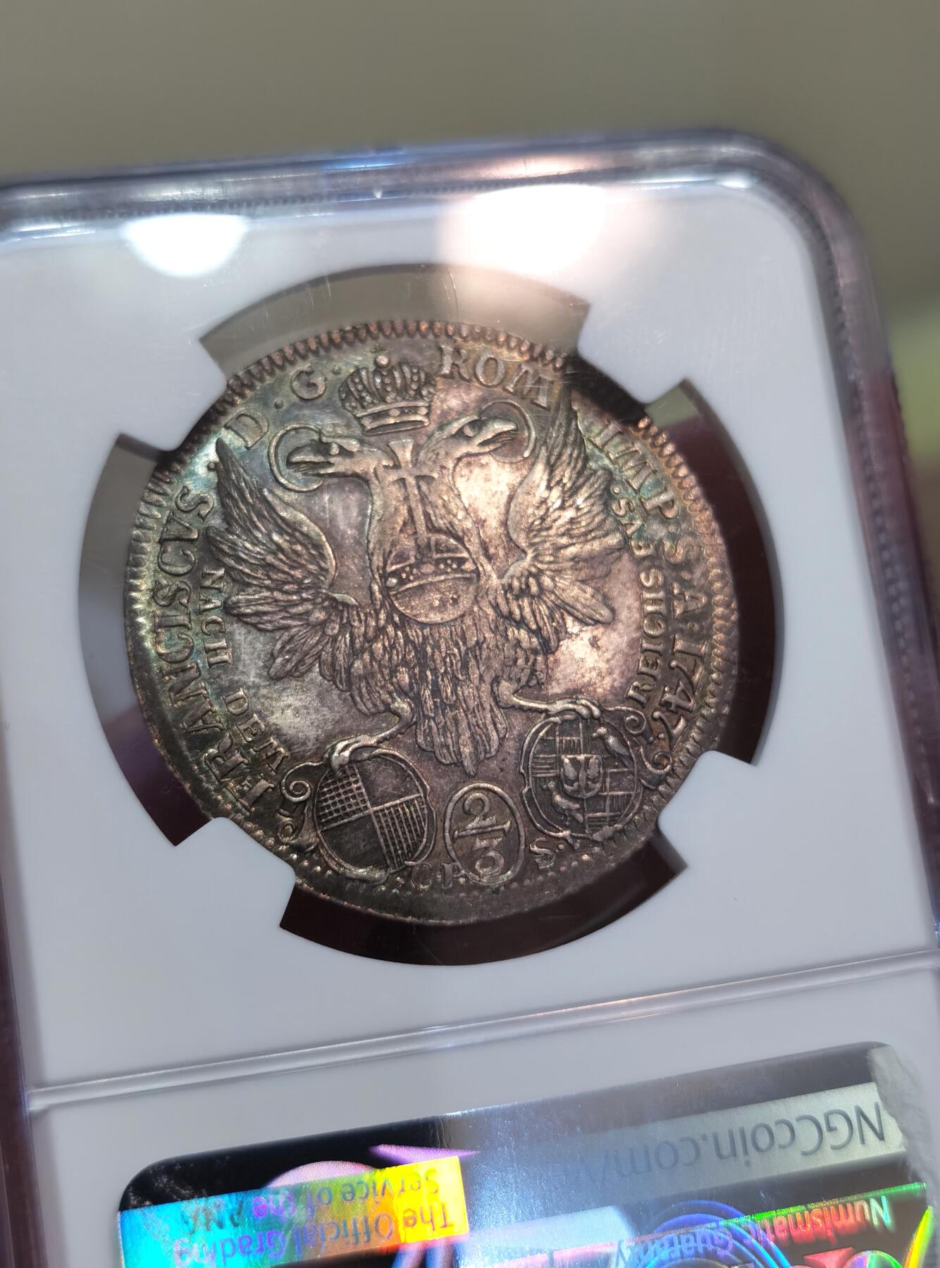 【麦稀奇世界钱币展】博洋堂“流萤染夏”六月精品专场暨第081期（全场包邮） NGC MS63 1747年德国弗里德贝格约翰.艾特三世2/3泰勒，弗里德贝格发行的泰勒不多，银币里的武士圣乔治脚踏恶龙来自圣经里的故事