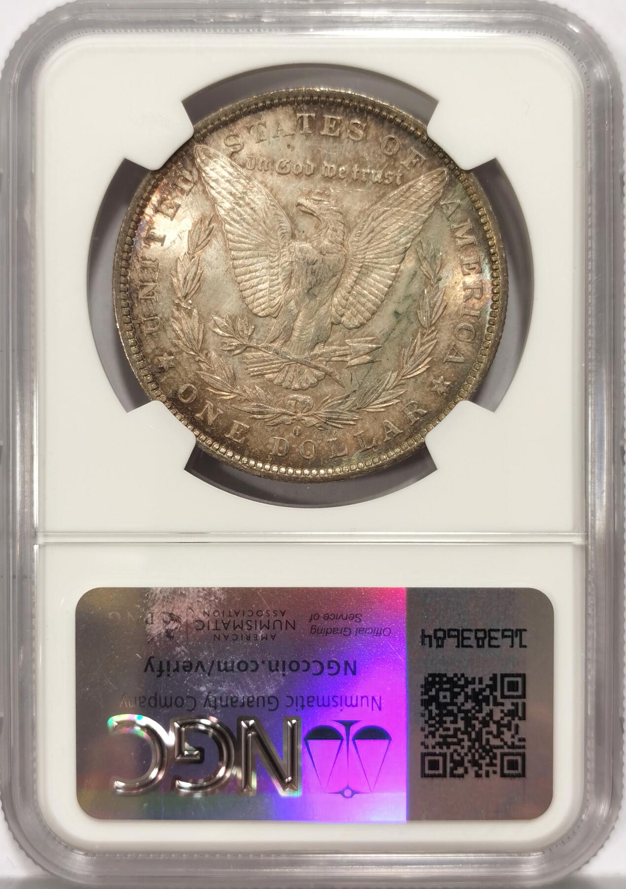 【麦稀奇世界钱币展】博洋堂“流萤染夏”六月精品专场暨第081期（全场包邮） NGC MS63 美国1884年O版摩根大银币，炫丽五彩包浆