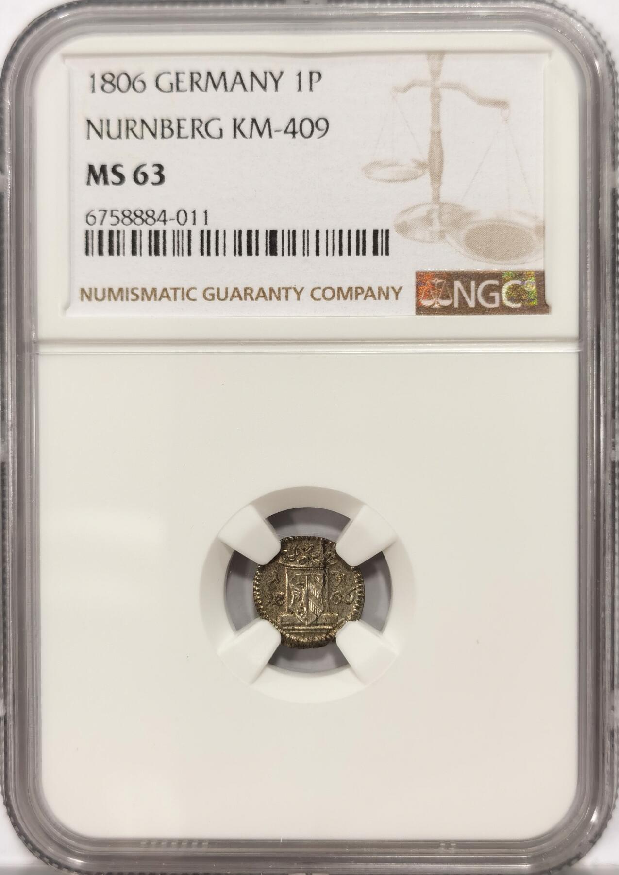 【麦稀奇世界钱币展】博洋堂“流萤染夏”六月精品专场暨第081期（全场包邮） NGC MS63 德国纽伦堡1806年1芬尼小银币