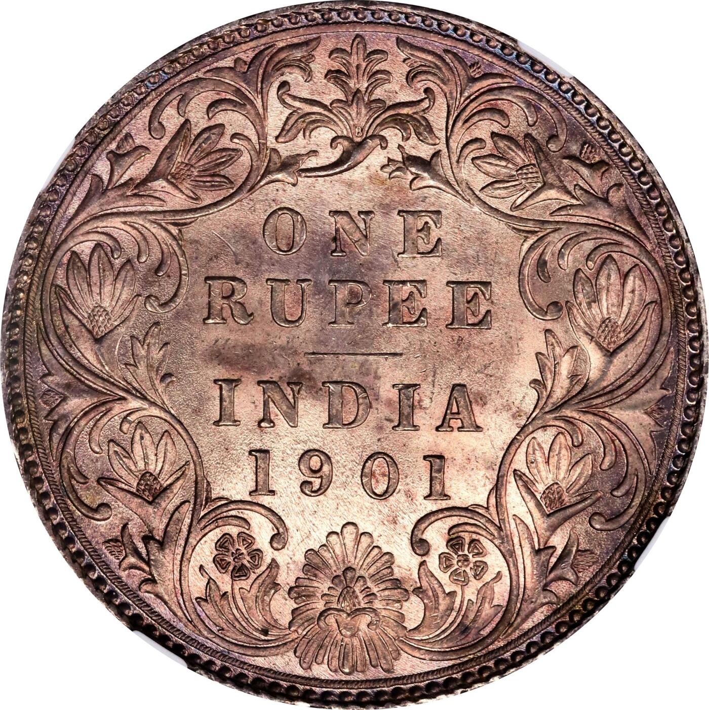 【麦稀奇世界钱币展】博洋堂“流萤染夏”六月精品专场暨第081期（全场包邮） NGC MS63 英属印度1901年B版维多利亚1卢比银币，极品香槟玫瑰色包浆