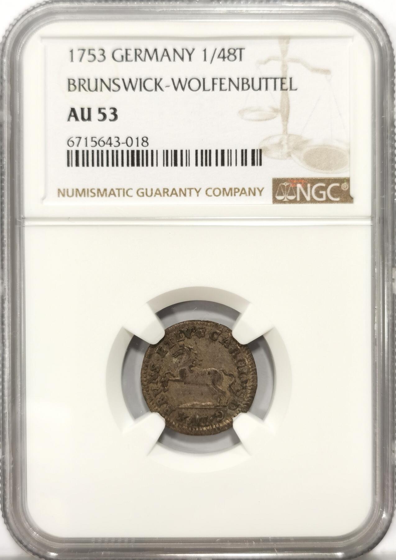 【麦稀奇世界钱币展】博洋堂“流萤染夏”六月精品专场暨第081期（全场包邮） NGC AU53 德国布伦瑞克-沃芬布特1753年飞马1/48泰勒银币