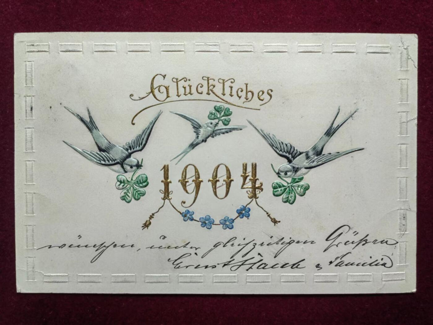 联合阁邮币社™ ——“古典明信片专场” 1904年-浮雕片-新年的祝福-品相非常好
